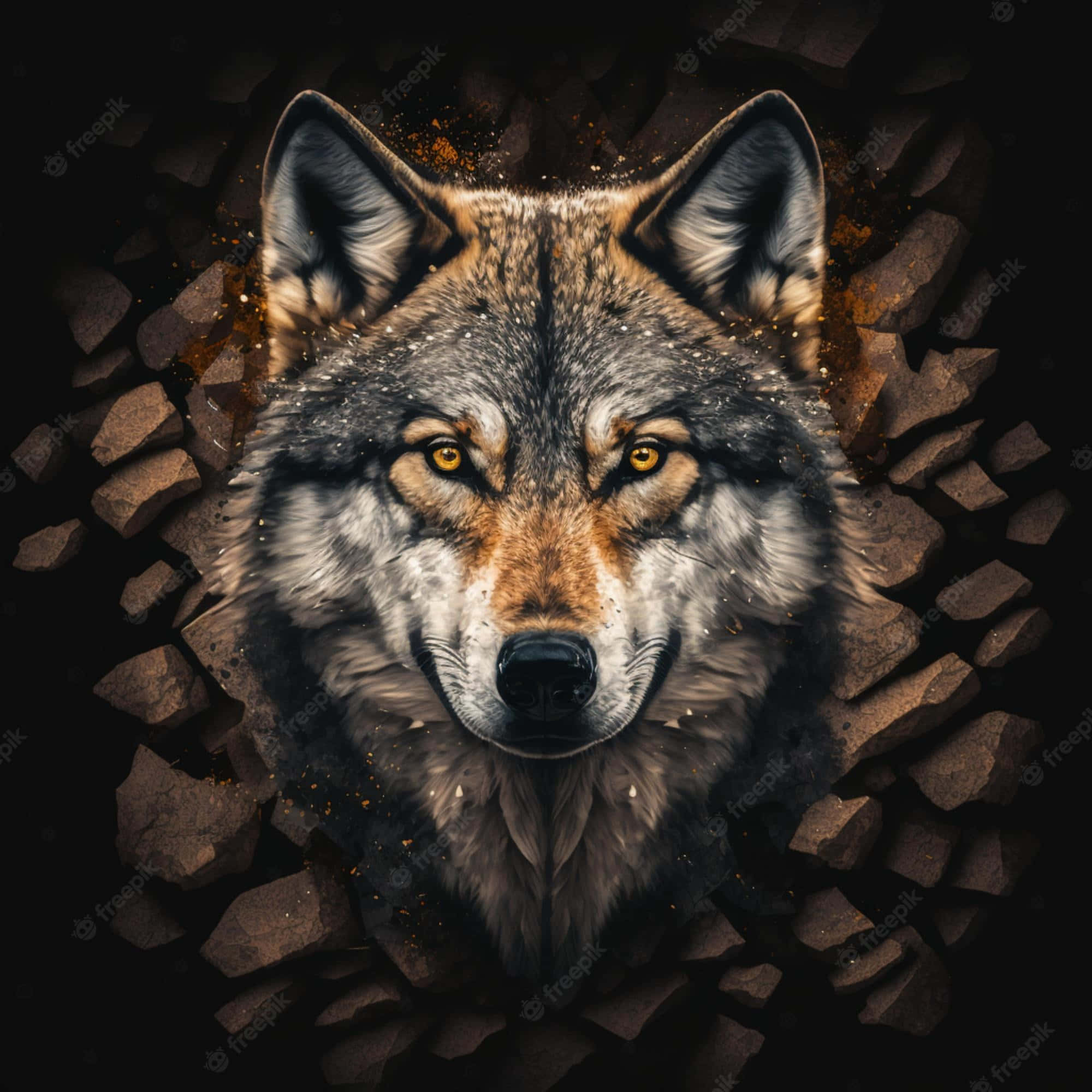 Alpha Wolf, glowing amber eyes, shattered stone circle, Full HD Desktop Wallpaper