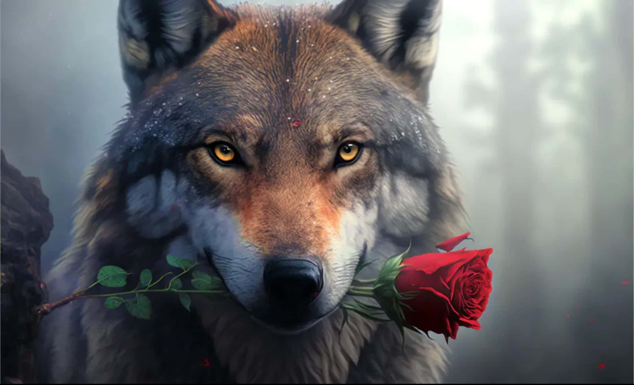 Alpha Wolf, golden eyes, vibrant red rose, Full HD Desktop Wallpaper