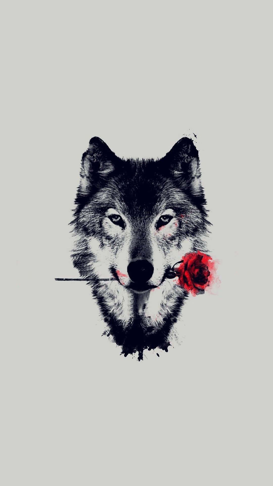 Alpha Wolf, black and white, vivid red rose, Full HD Phone Wallpaper