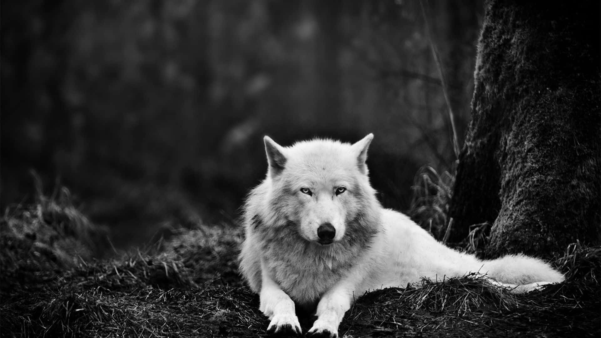 Alpha Wolf, white wolf, mossy tree, Full HD Desktop Wallpaper