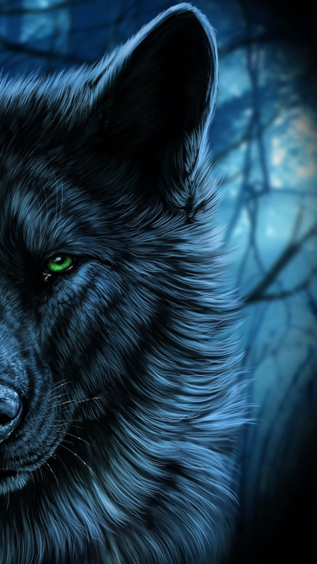 Alpha Wolf, black wolf, glowing green eyes, Full HD Phone Wallpaper