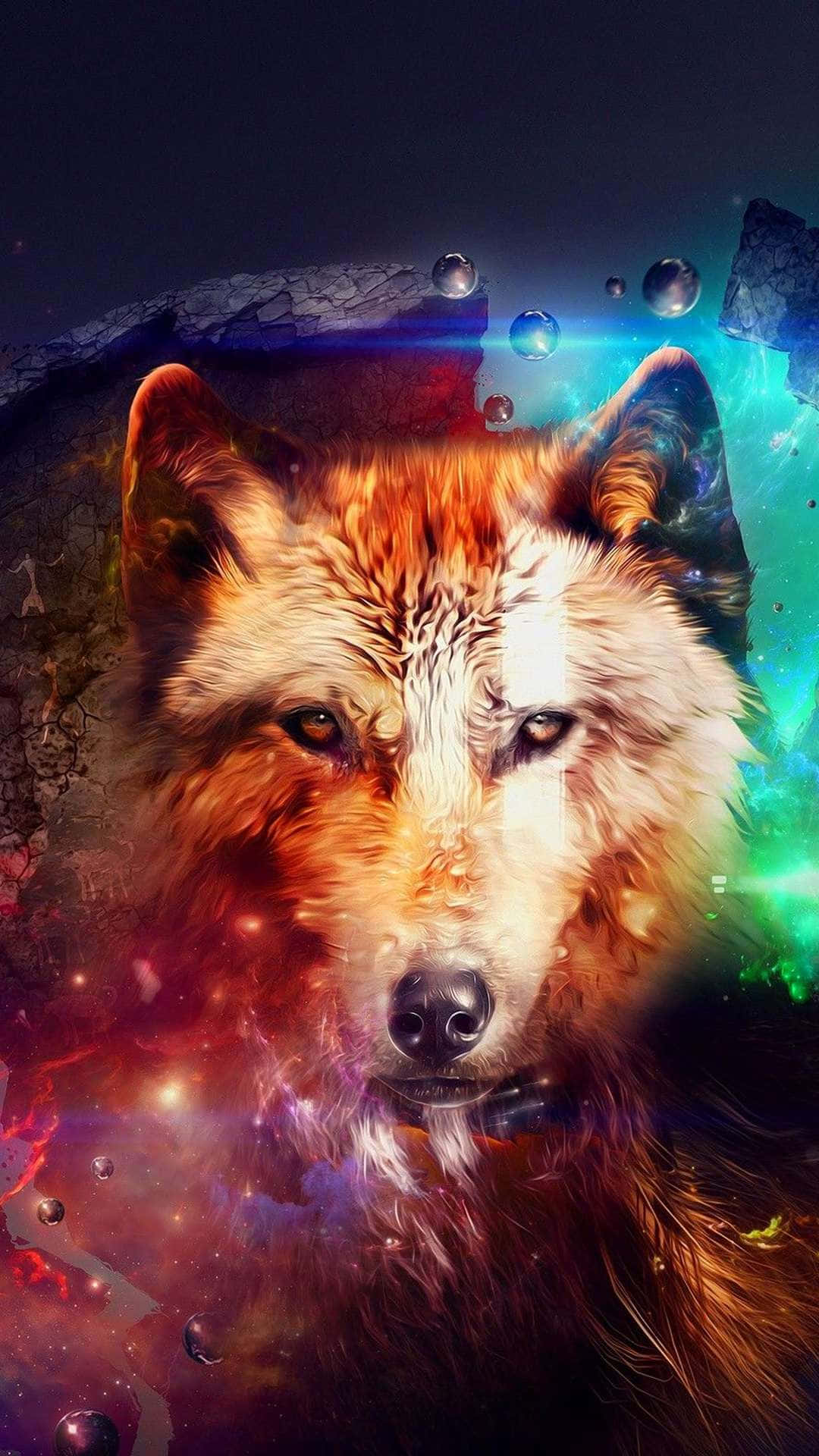 Alpha Wolf, cosmic nebula, glowing bubbles, Full HD Phone Wallpaper