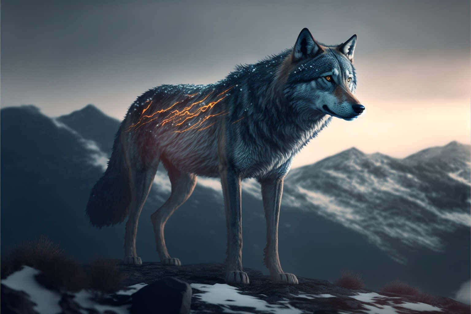 Alpha Wolf, snowy mountain ridge, twilight, HD Desktop Wallpaper