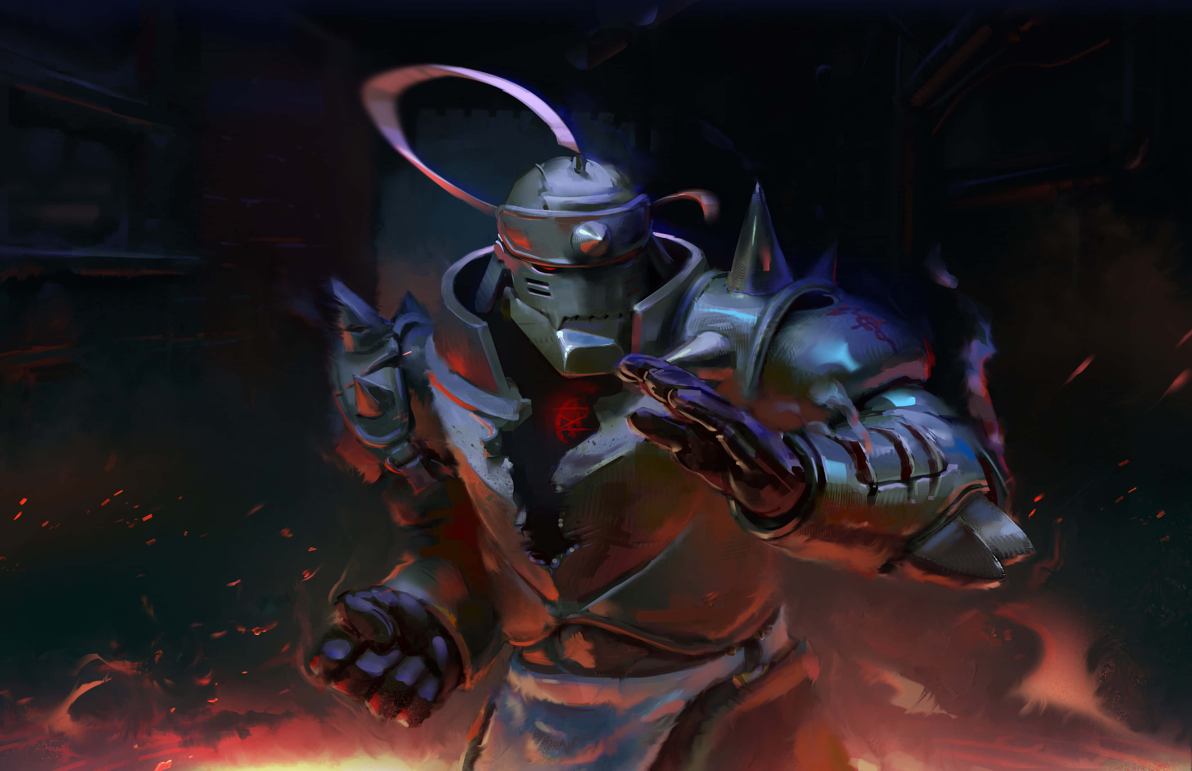 Alphonse Elric, glowing red eyes, floating halo, 4K Desktop Wallpaper