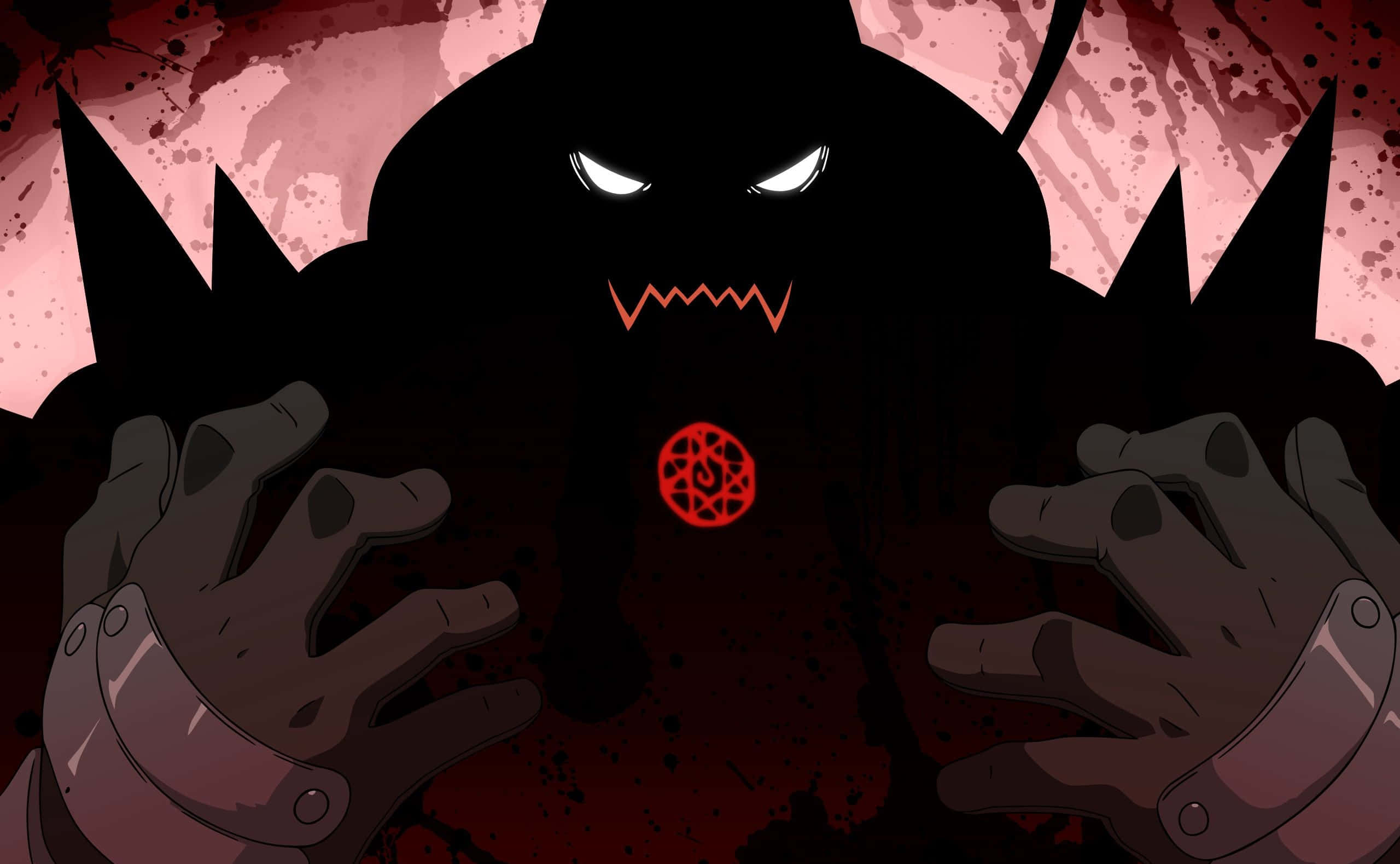 Alphonse Elric, black silhouette, glowing white eyes, 2K Desktop Wallpaper
