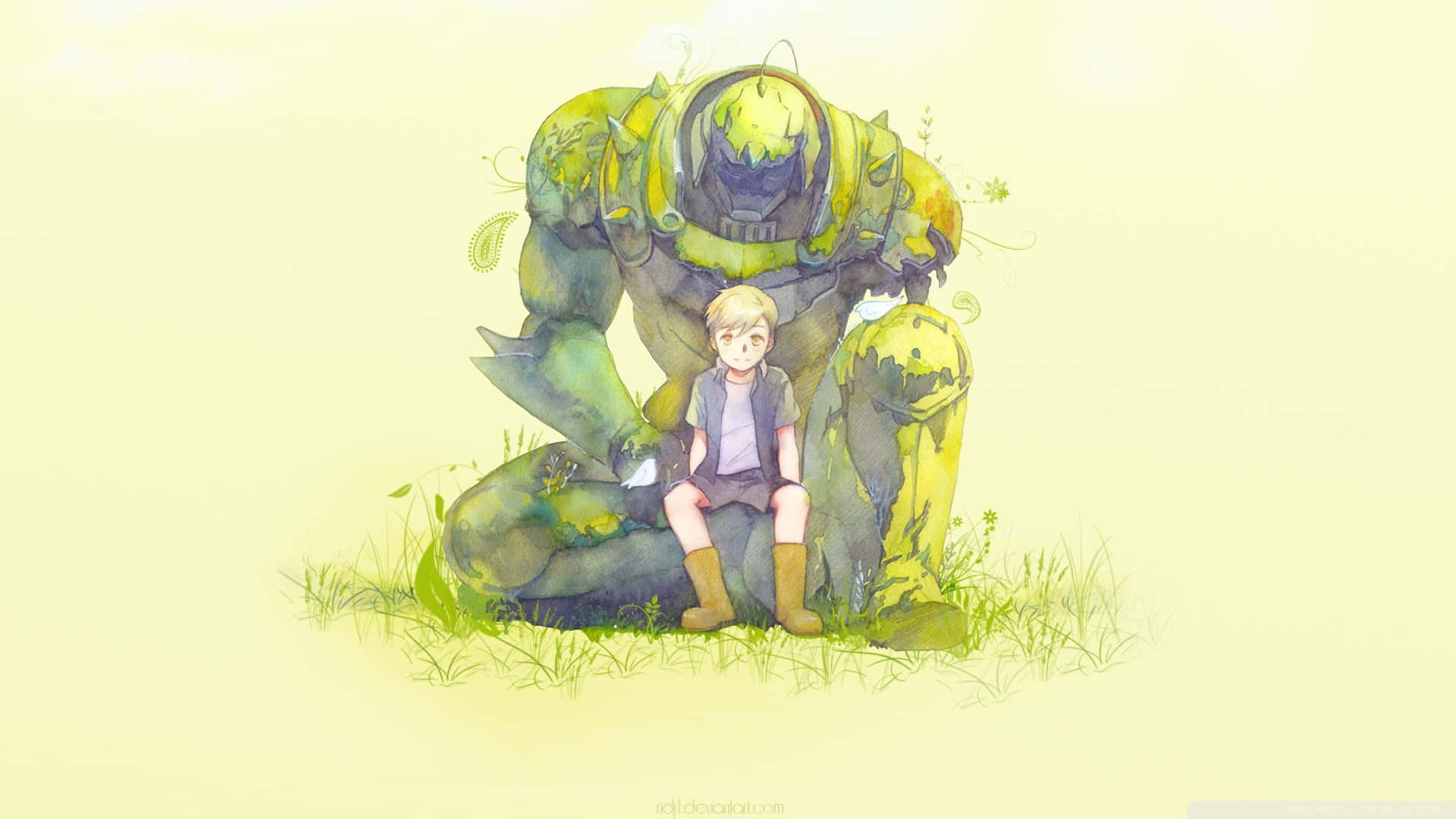 Alphonse Elric, moss-covered armored figure, soft grassy field, Full HD Desktop Wallpaper