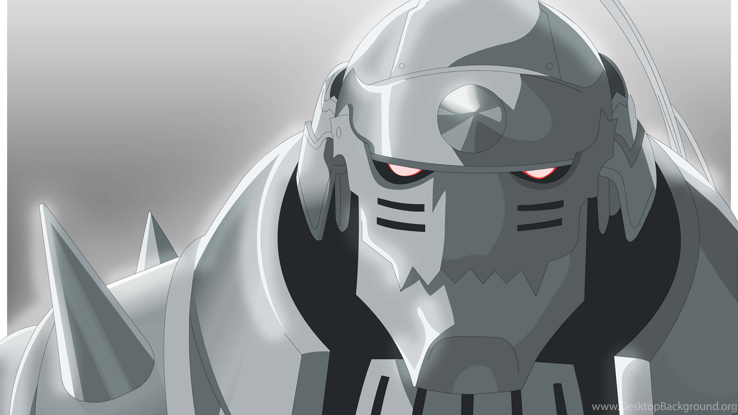 Alphonse Elric, silver robot, glowing red eyes, 2K Desktop Wallpaper