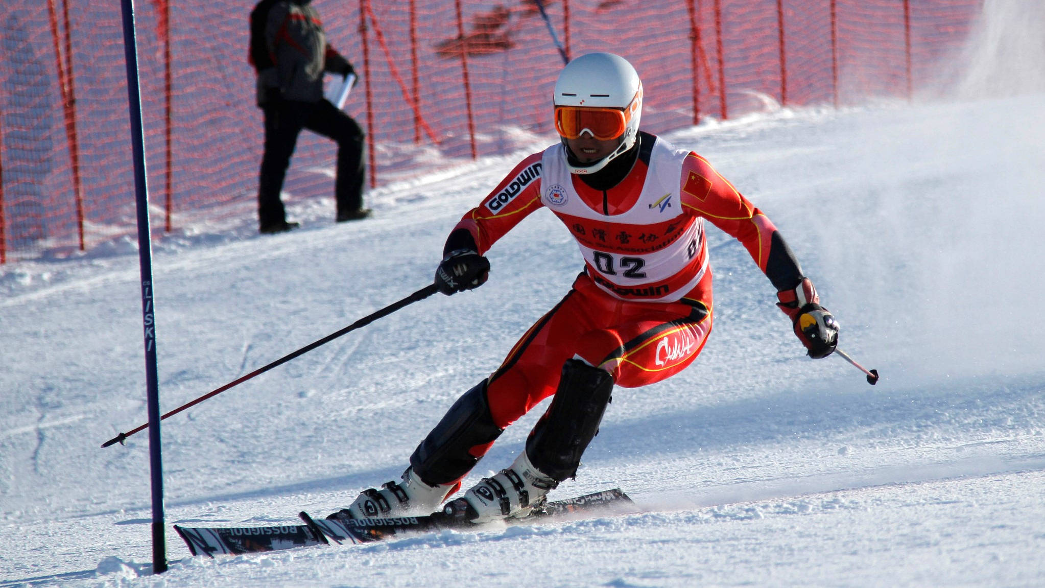 Alpine Skiing, red suit, blue gate, Full HD Desktop Wallpaper