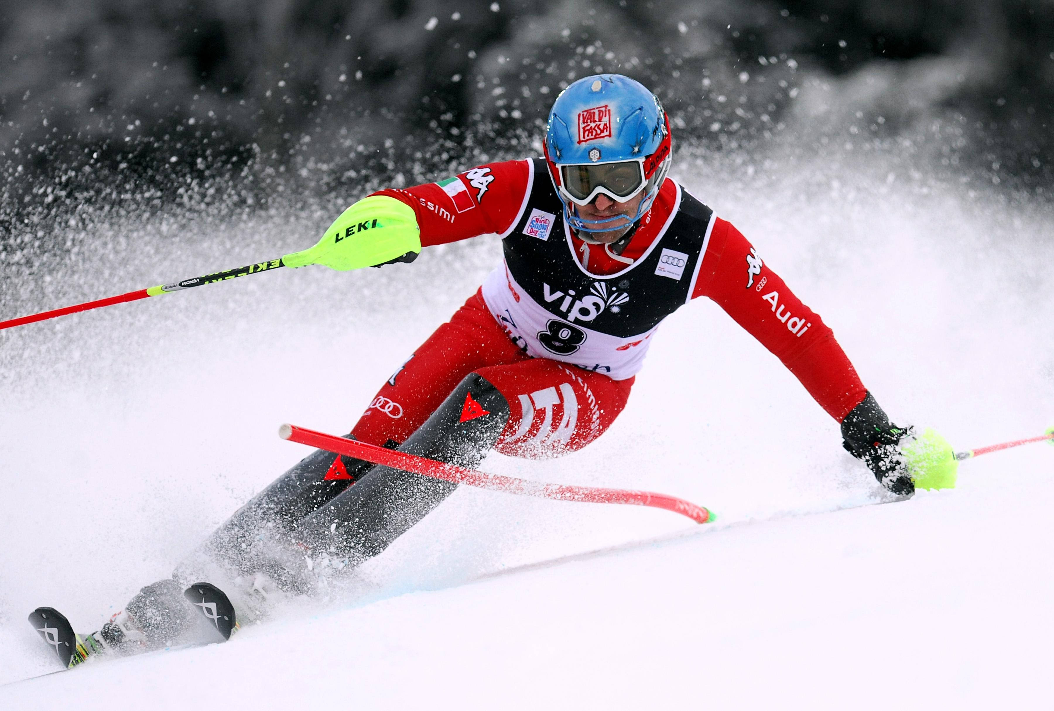 alpine skiing, red and black gear, bright green poles, 2K Desktop Wallpaper