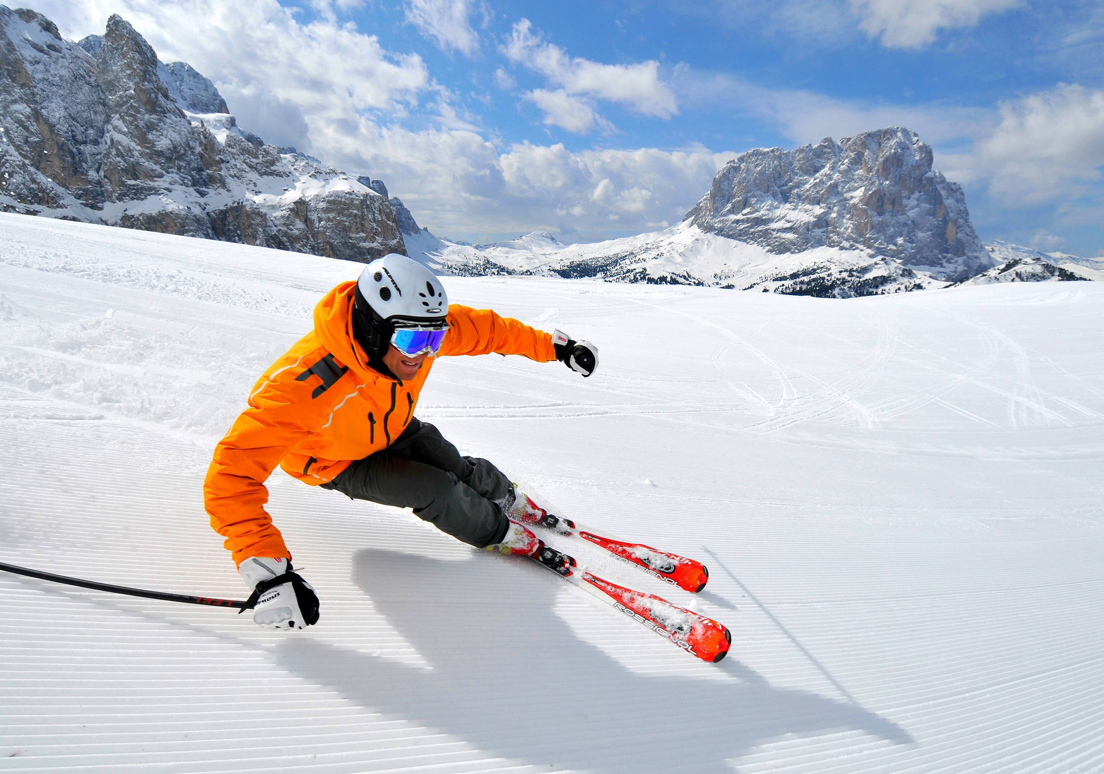 alpine skiing, bright orange jacket, groomed snowy slope, Full HD Desktop Wallpaper