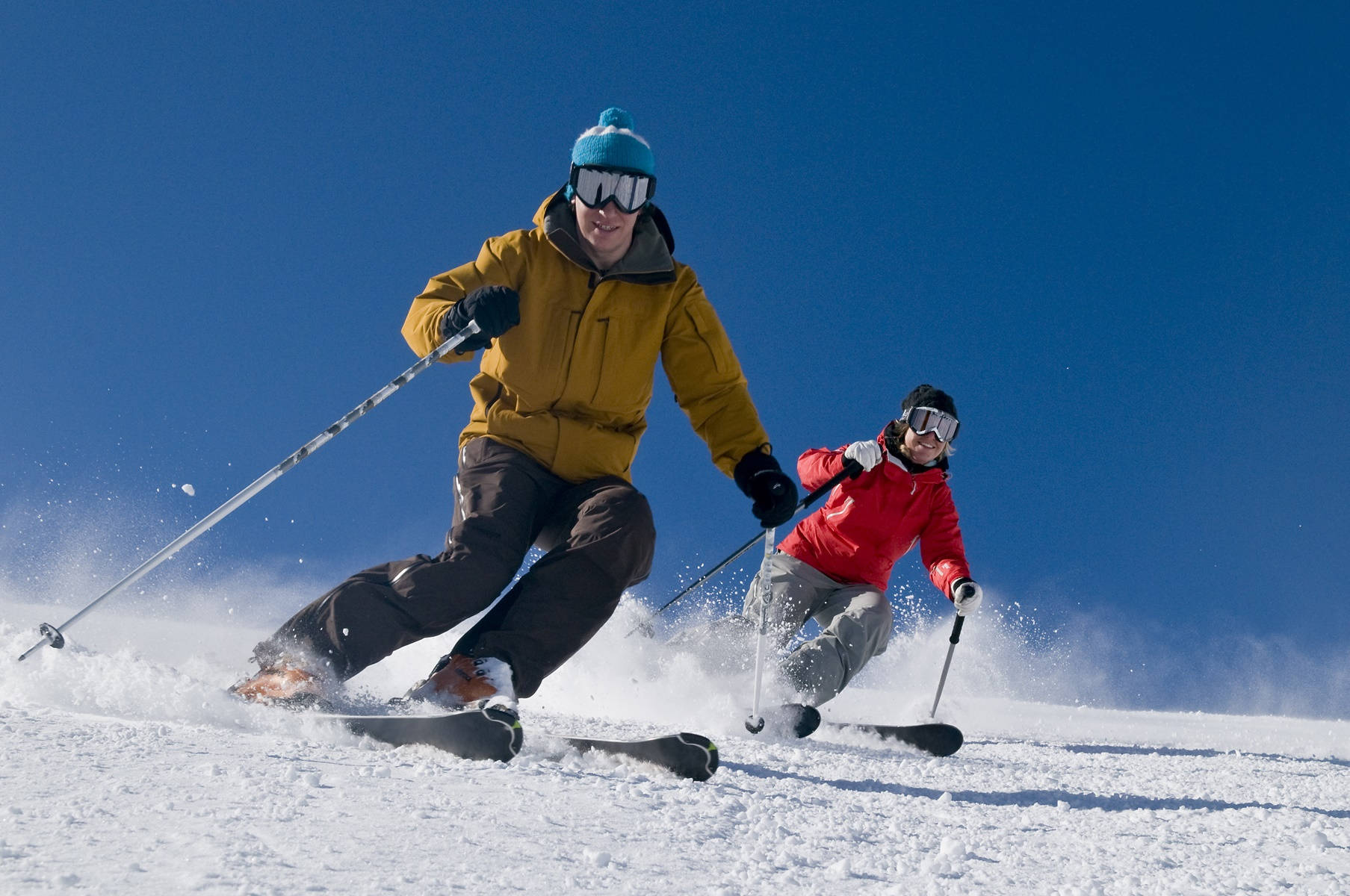 Alpine Skiing, snowy slope, clear blue sky, HD Desktop Wallpaper