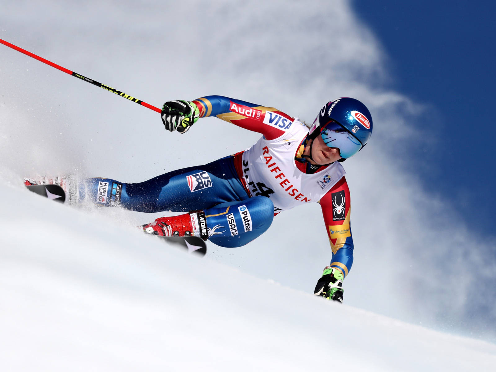 blue red and white racing suit, snowy slope, clear blue sky, HD Desktop Wallpaper