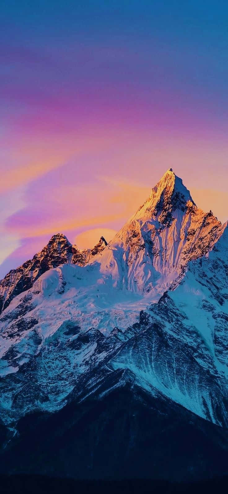 snowcapped mountain peak, golden light, vibrant purple and pink twilight sky, HD Phone Wallpaper