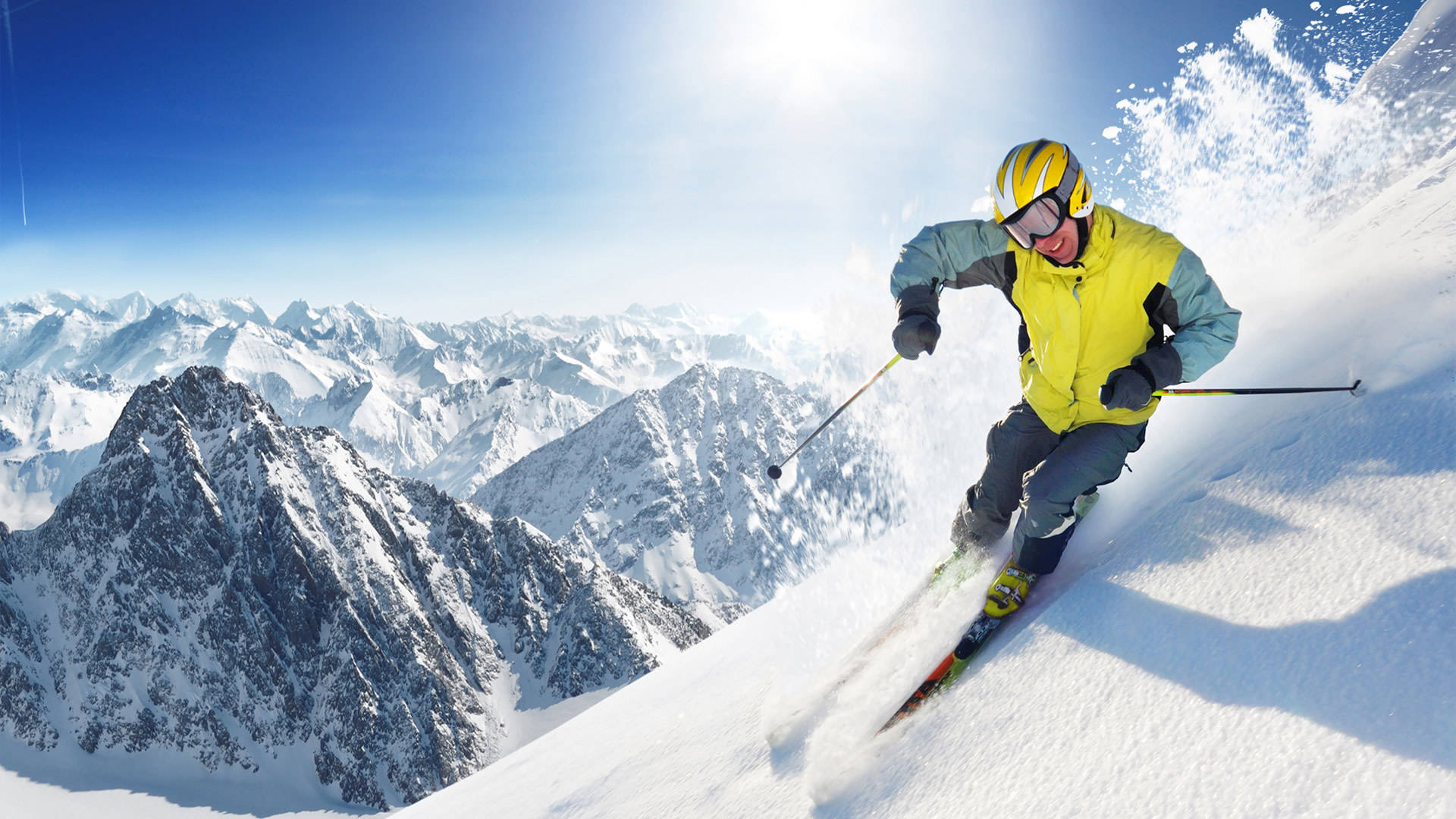 bright yellow jacket, snowy mountain slope, powder spraying, Full HD Desktop Wallpaper
