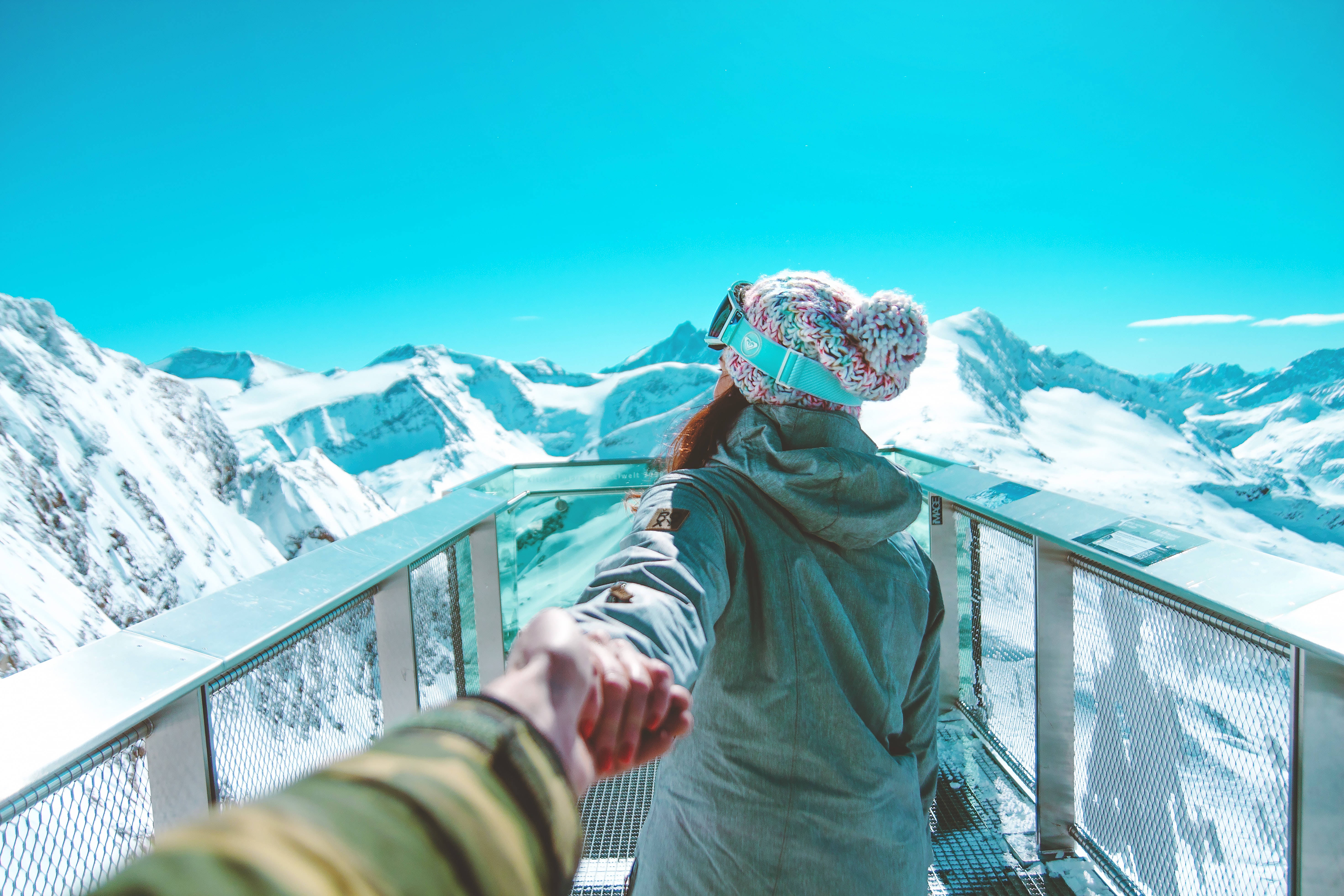 Vacation Snowy Mountain, glass balcony, snow-capped mountains, 5K Desktop Wallpaper