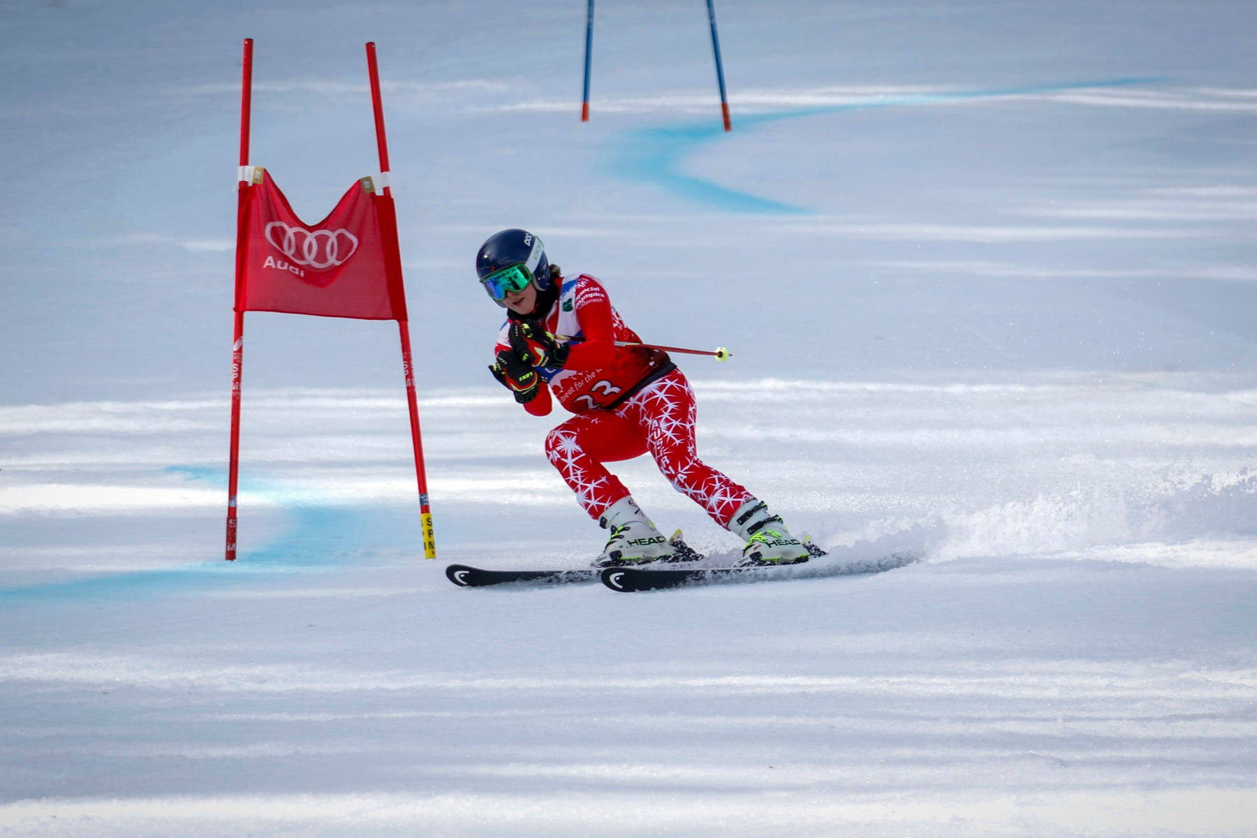 Alpine Skiing, red suit, red Audi gate, HD Desktop Wallpaper