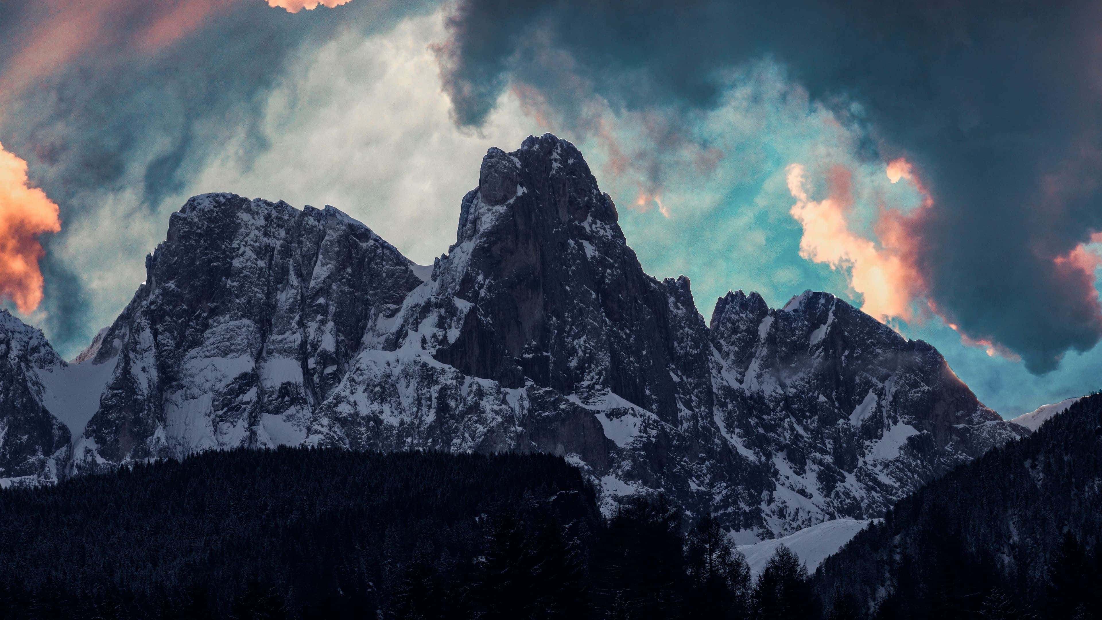 Blue Mountain, snowcapped mountain peaks, fiery orange clouds, 4K Desktop Wallpaper