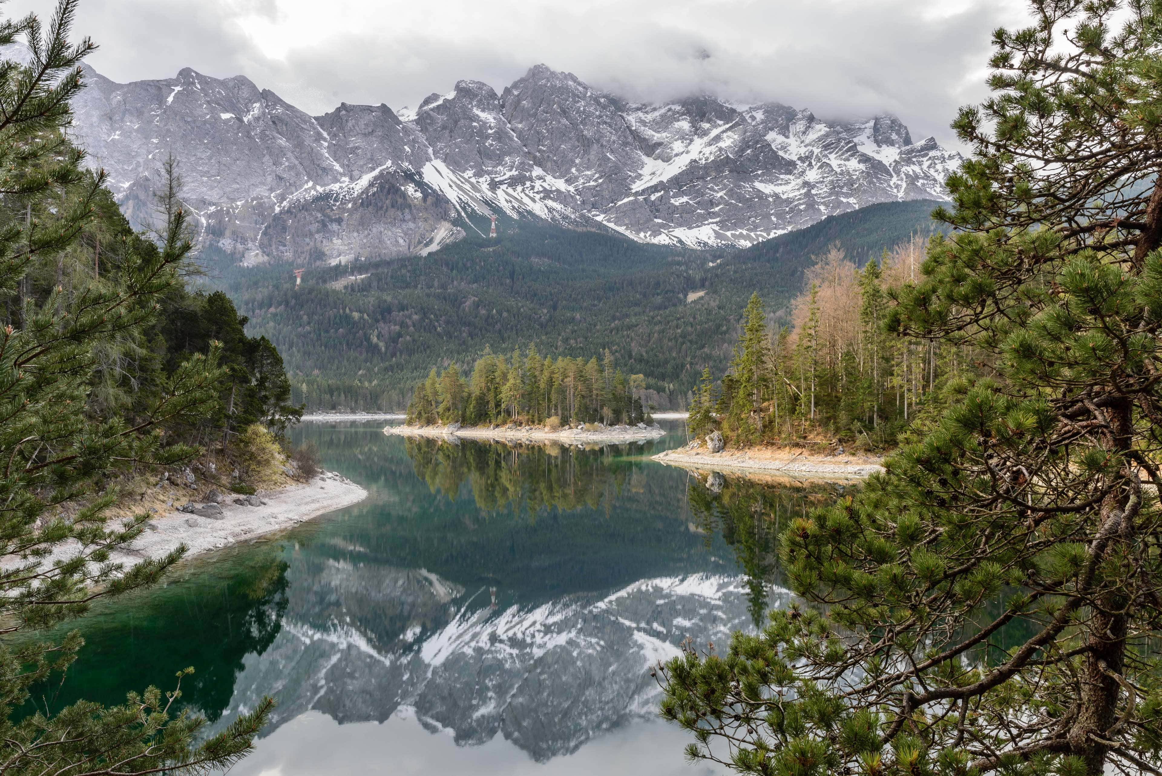 alpine lake, snow-capped mountains, evergreen trees, 4K Desktop Wallpaper