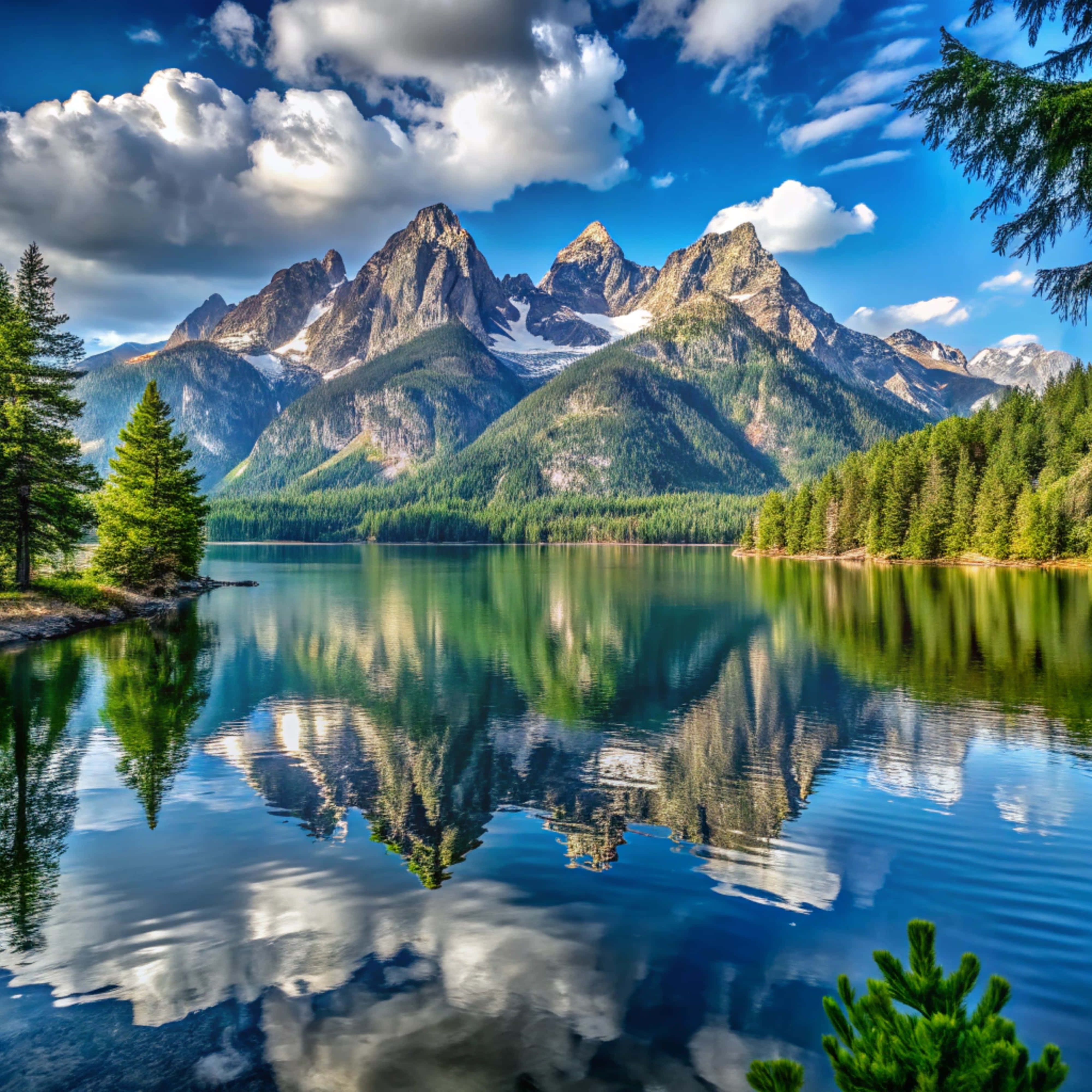 alpine lake, snowcapped peaks, fluffy clouds, 4K Desktop Wallpaper