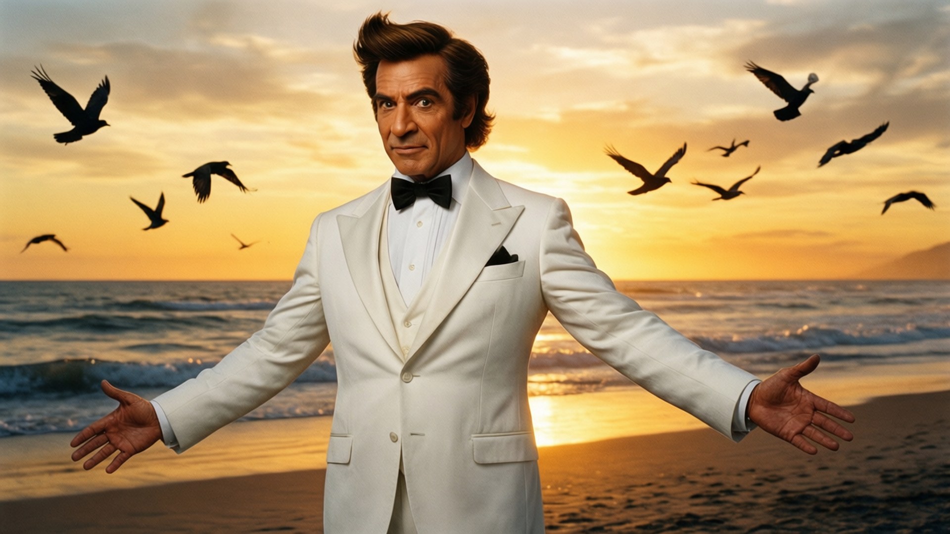 white tuxedo, beach, sunset, Full HD Desktop Wallpaper