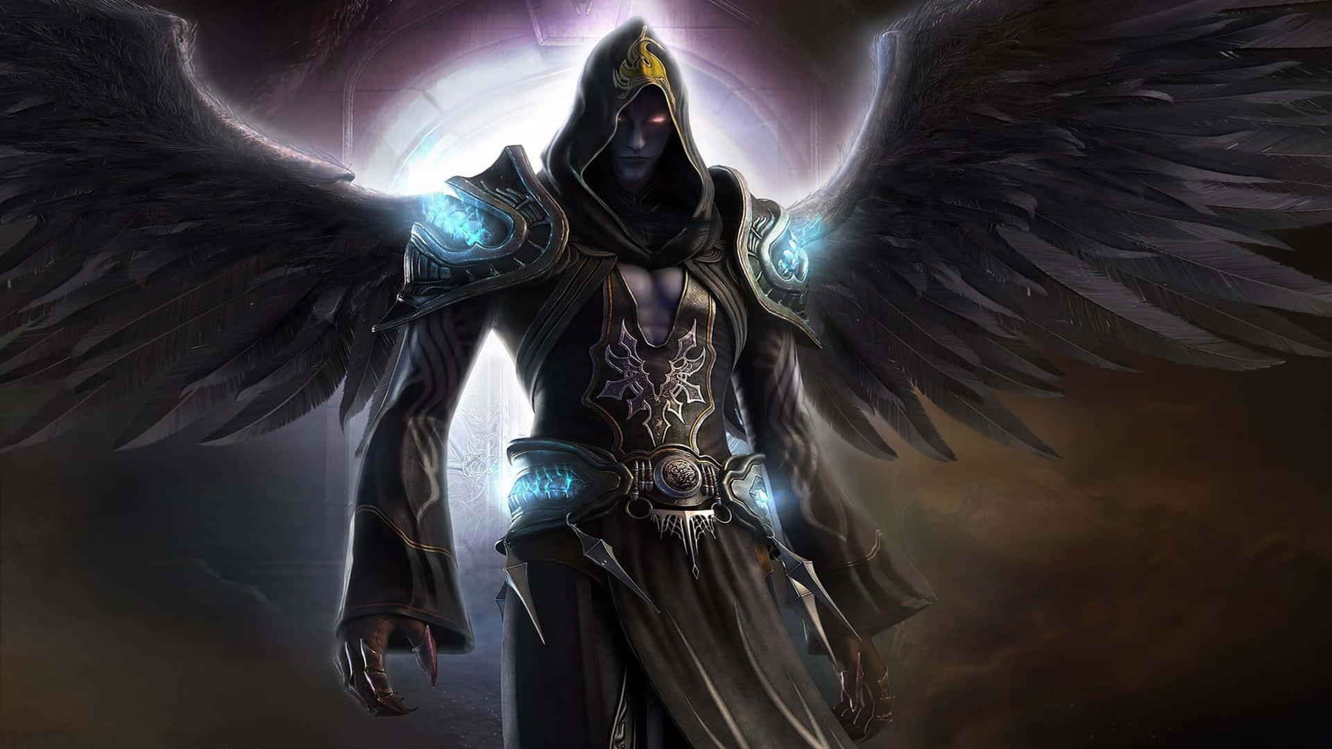 Alt Pfp, dark angel, glowing blue armor, Full HD Desktop Wallpaper