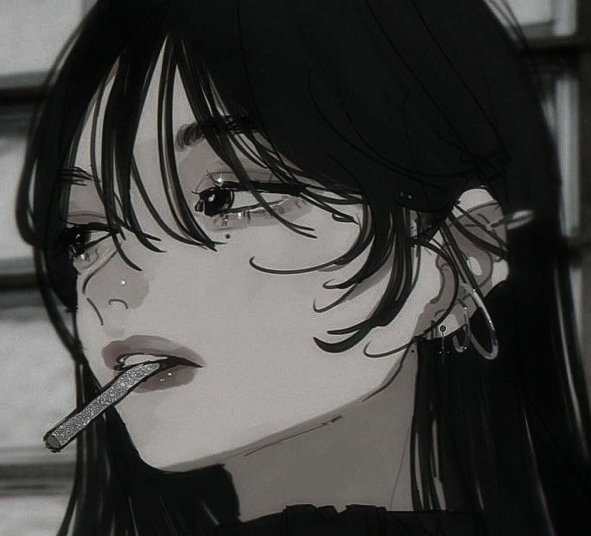 monochrome anime girl, long dark hair, multiple piercings, SD Desktop Wallpaper