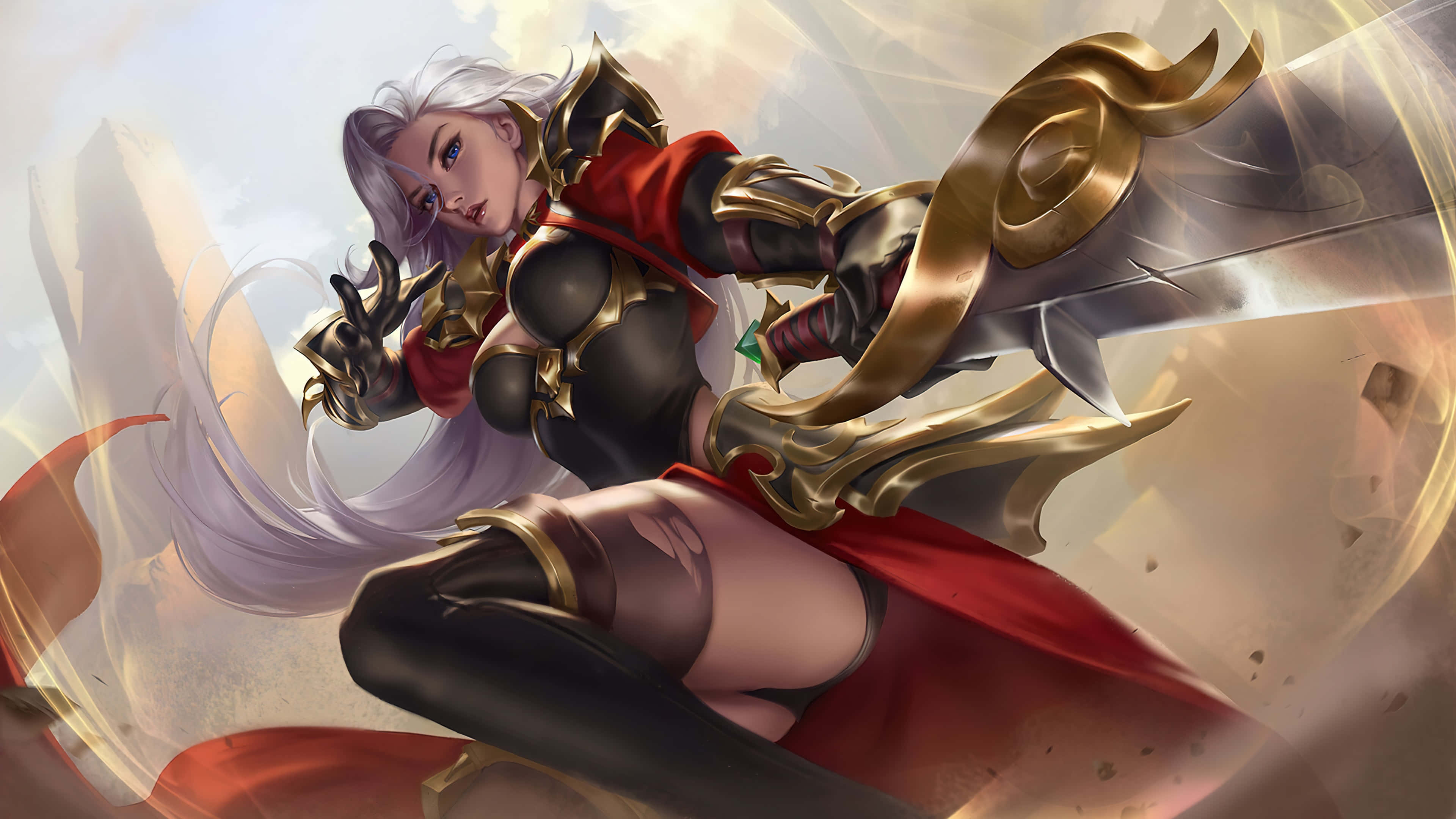 silver hair, golden armor, glowing sword, 4K Desktop Wallpaper