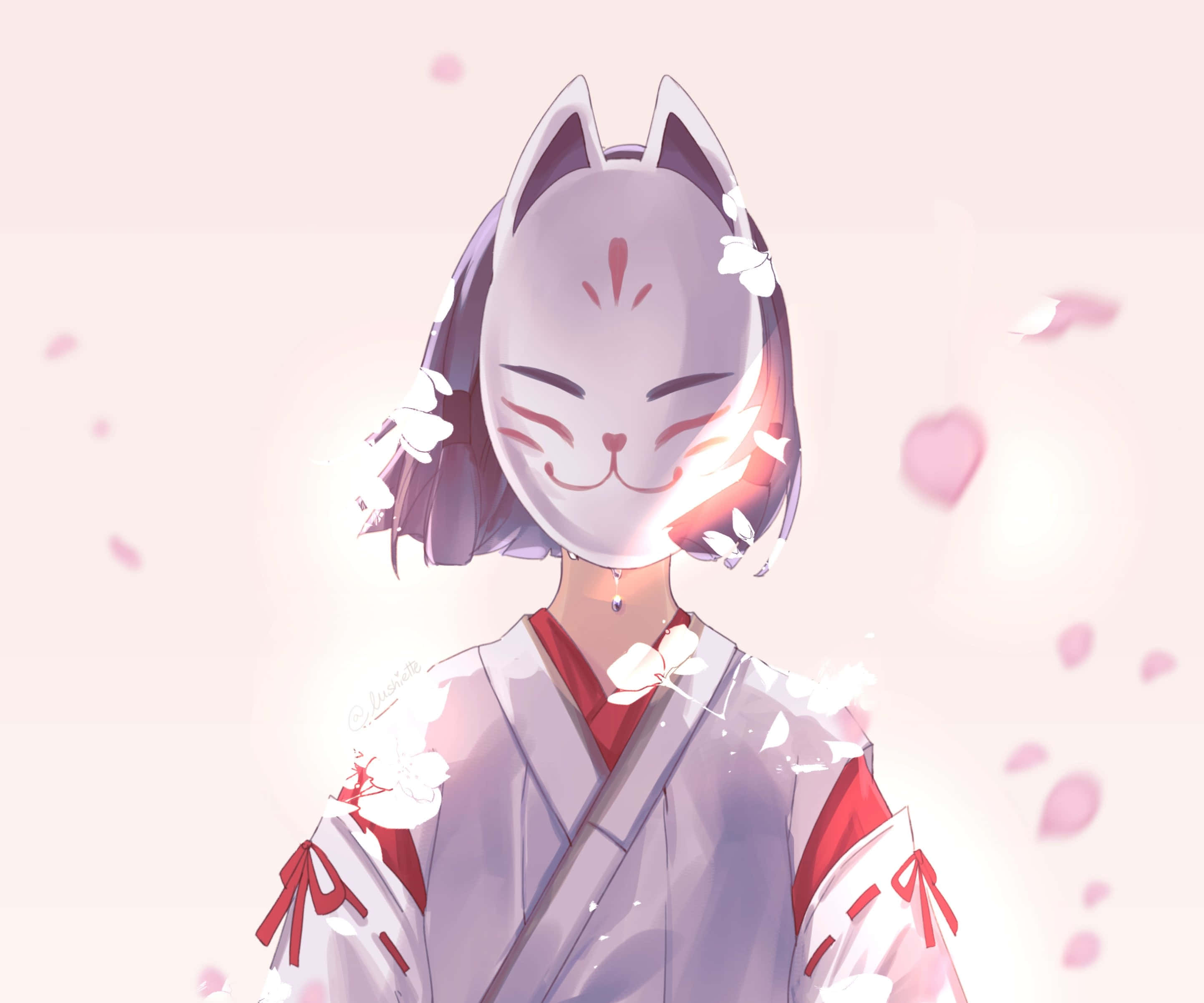 alt pfp, kitsune mask, anime girl, 2K Desktop Wallpaper