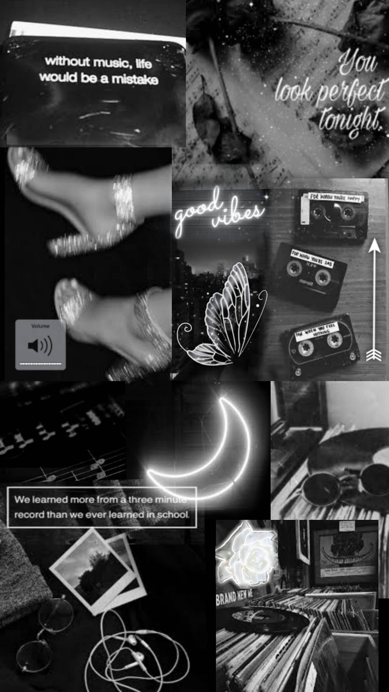 black alt aesthetic collage, vintage music items, cassette tapes, 2K Phone Wallpaper