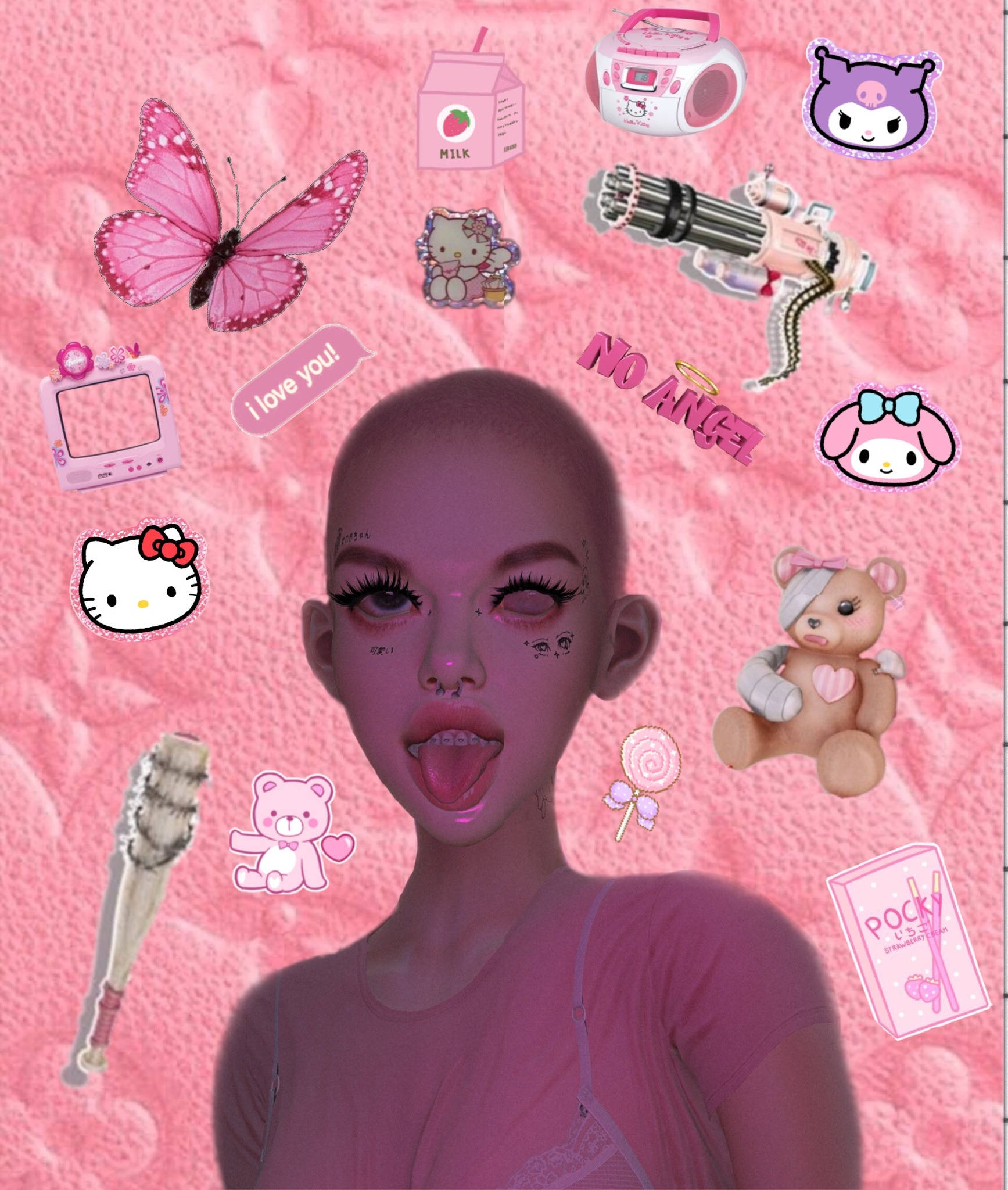 bald girl, shaved head, playful makeup, Full HD Phone Wallpaper
