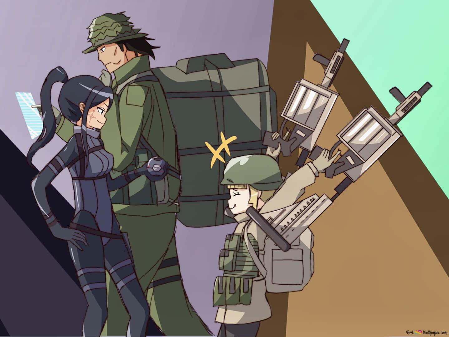 anime soldiers, green gear, weapons, HD Desktop Wallpaper