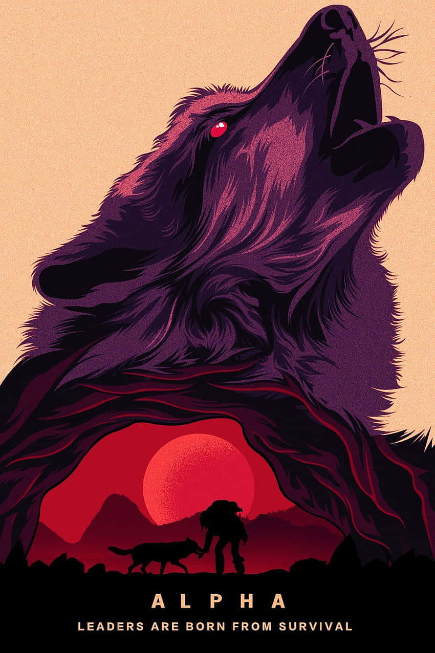 purple wolf, red sunset sky, mountainous landscape, SD Phone Wallpaper