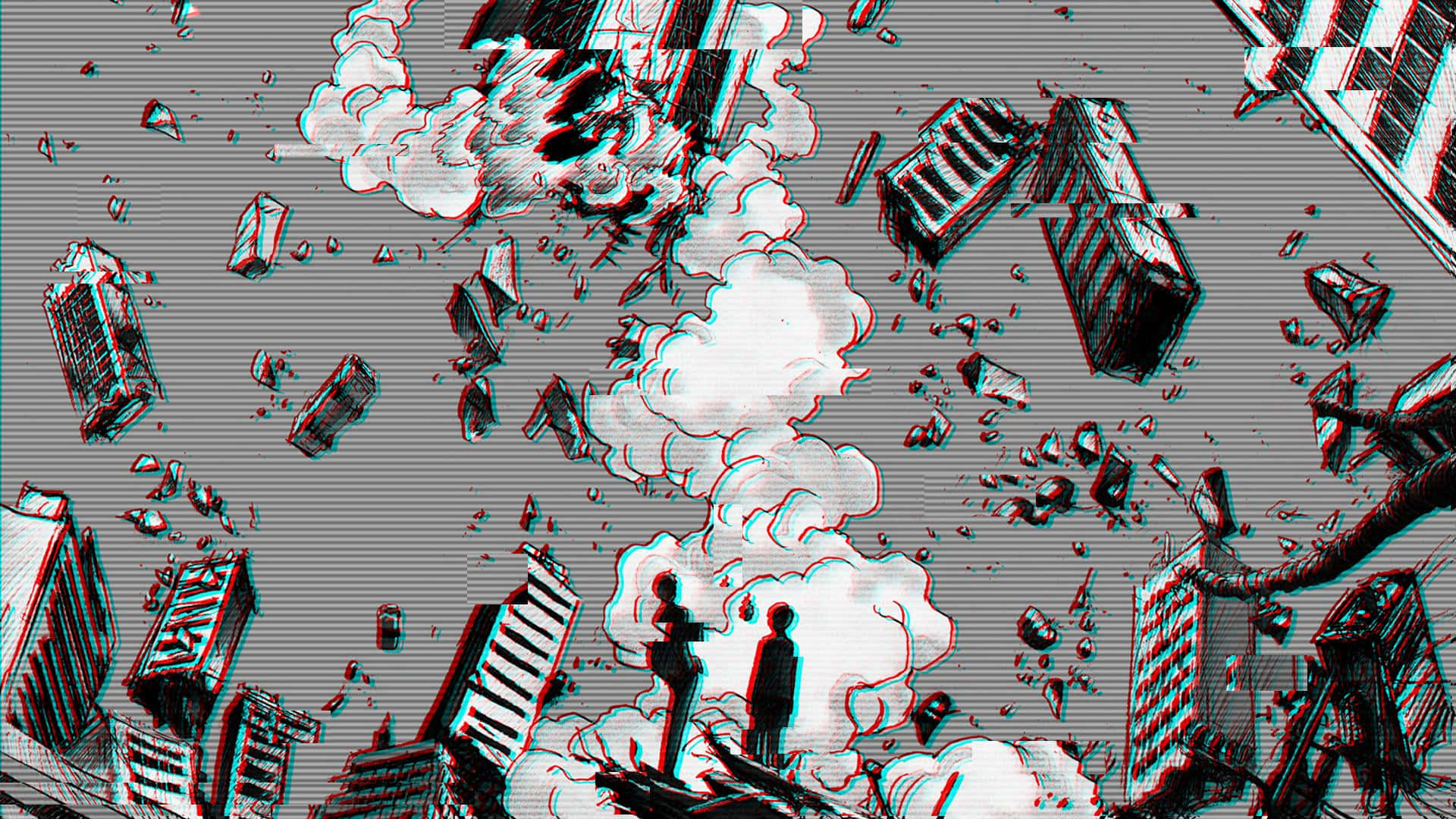 shattered skyscrapers, smoke, glitchy distorted sky, Full HD Desktop Wallpaper