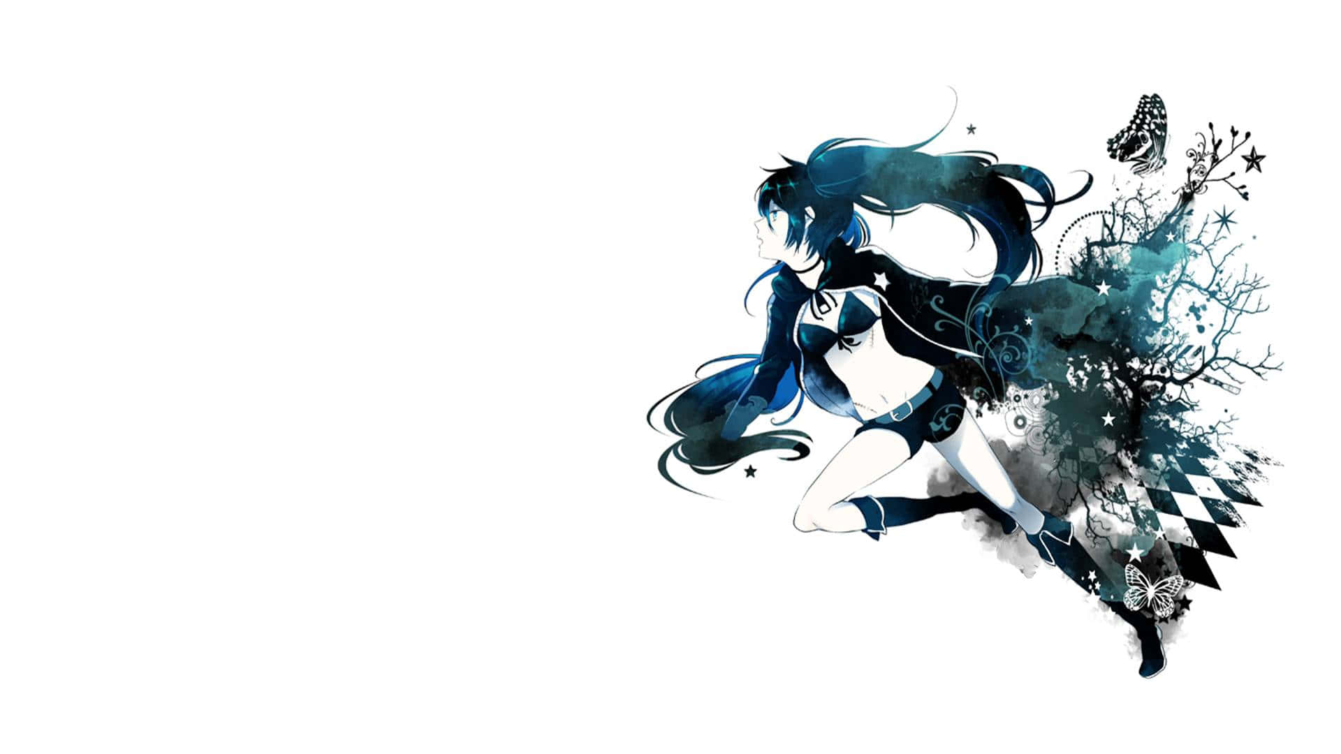 anime girl, flowing blue hair, starry motifs, Full HD Desktop Wallpaper