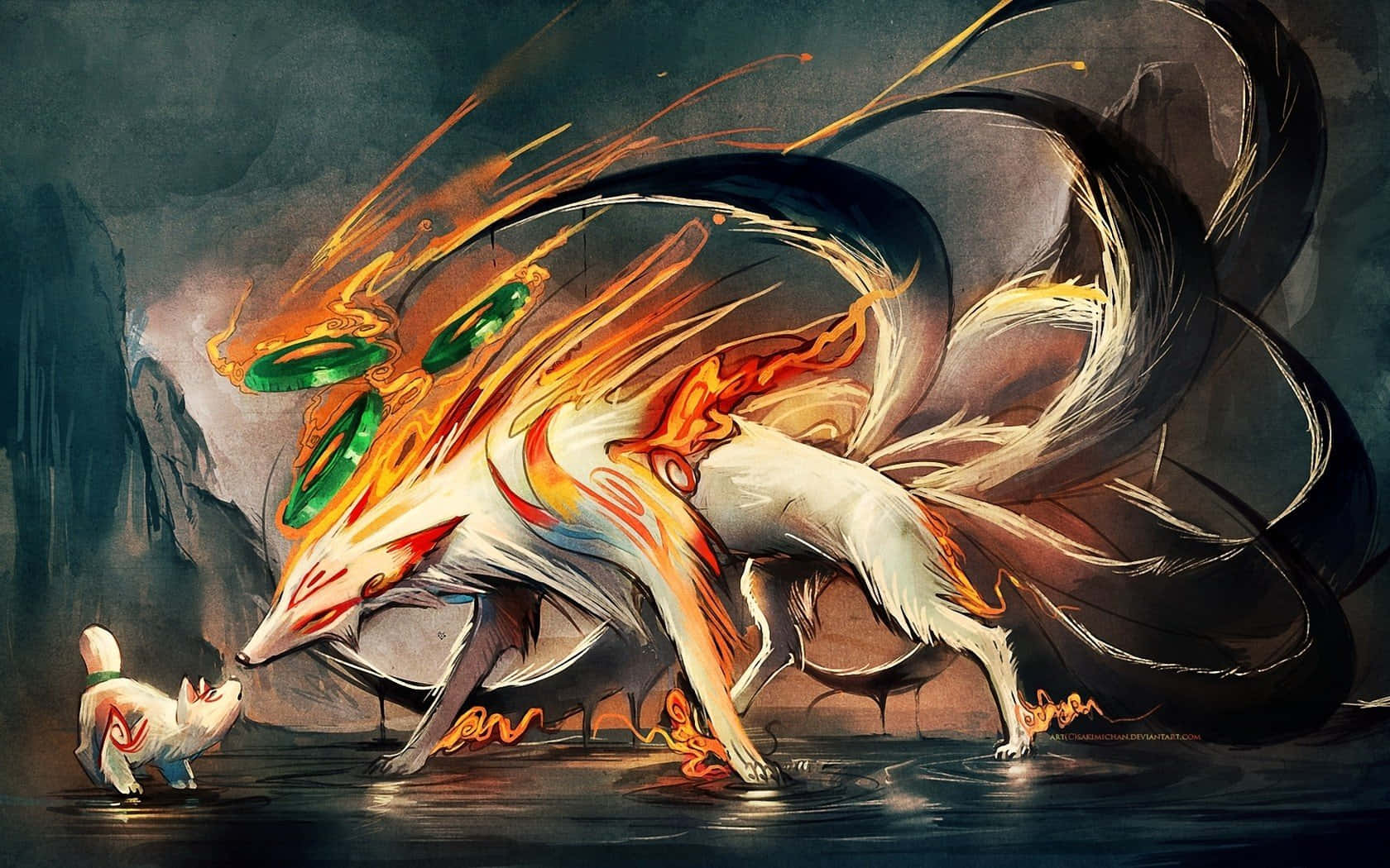 nine-tailed fox, fiery orange and white fur, glowing green rings, HD Desktop Wallpaper