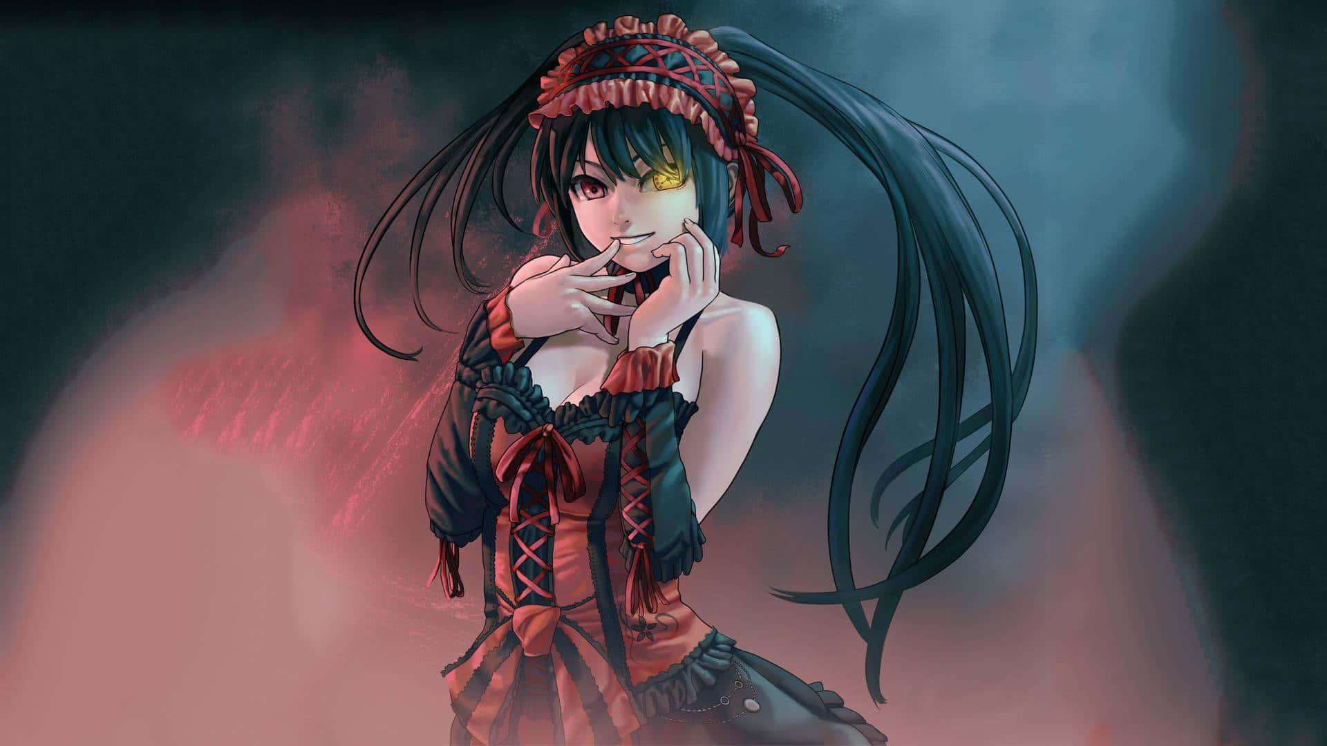 anime girl, red and black gothic attire, smoky red and blue background, Full HD Desktop Wallpaper