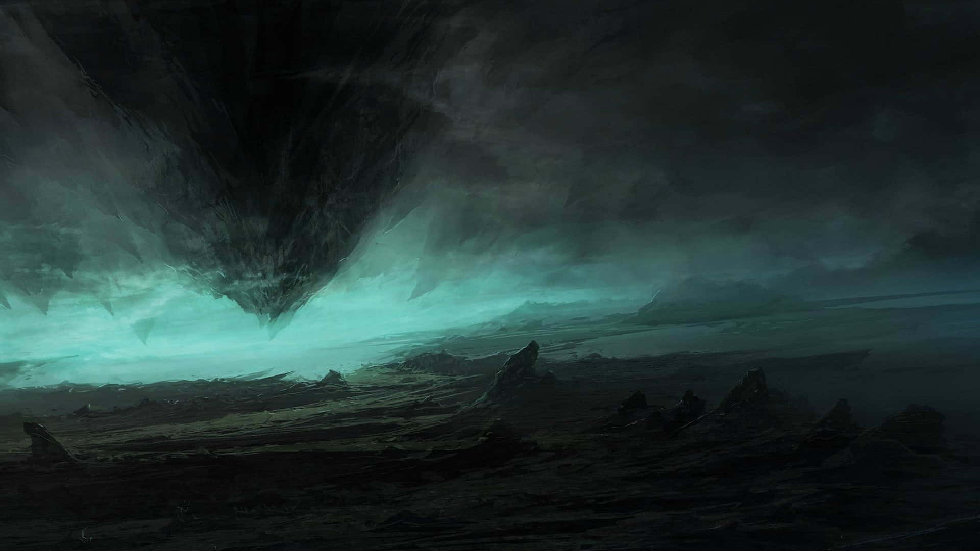 alternative art, inverted mountain, teal light, Full HD Desktop Wallpaper