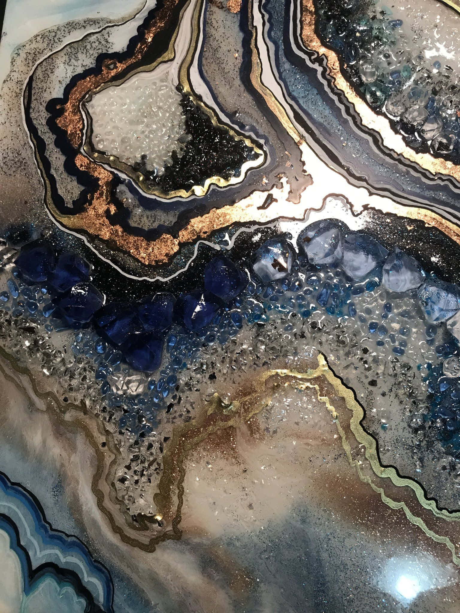geode slice, swirling blue gold and black crystalline patterns, resin artwork, Full HD Phone Wallpaper