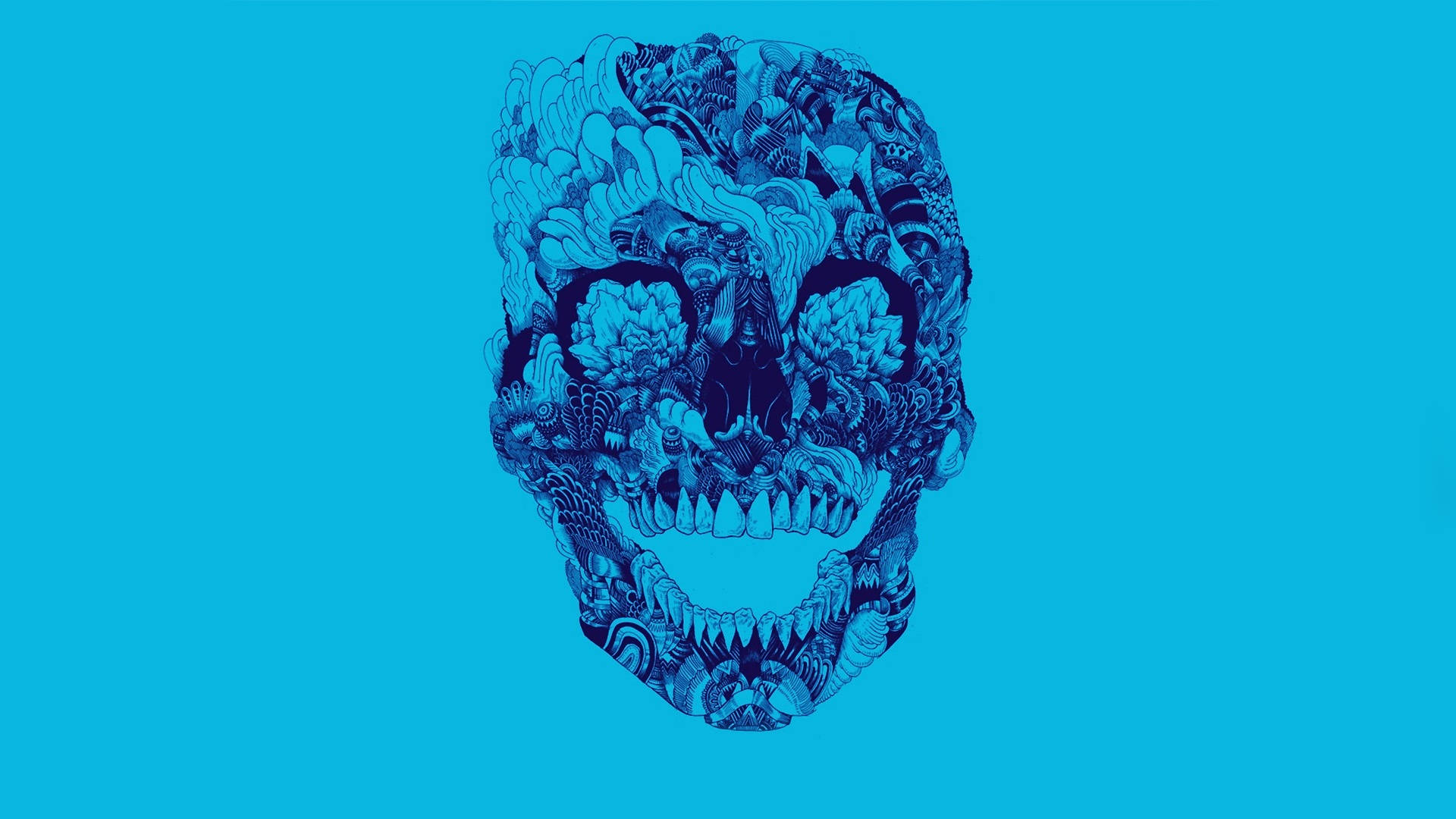 blue skull, floral patterns, tribal patterns, Full HD Desktop Wallpaper