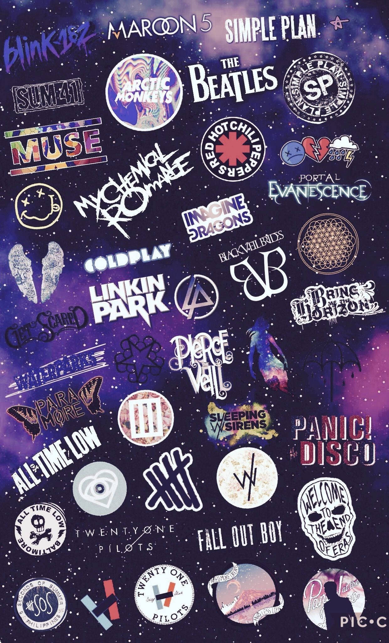 space background, starry purple and blue galaxy, band logos, Full HD Phone Wallpaper