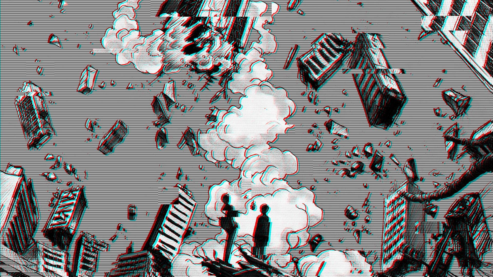 glitchy 3D-rendered apocalyptic cityscape, floating skyscrapers, smoke, Full HD Desktop Wallpaper
