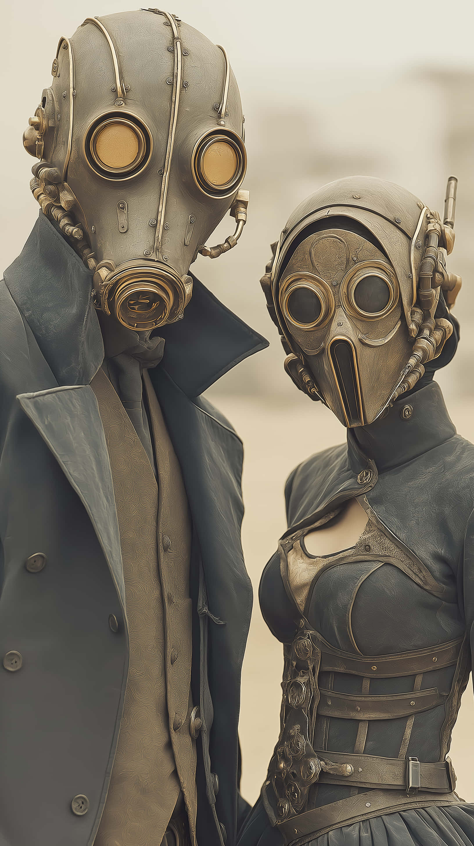 steampunk gas masks, ornate steampunk gas masks, hazy backdrop, 2K Phone Wallpaper