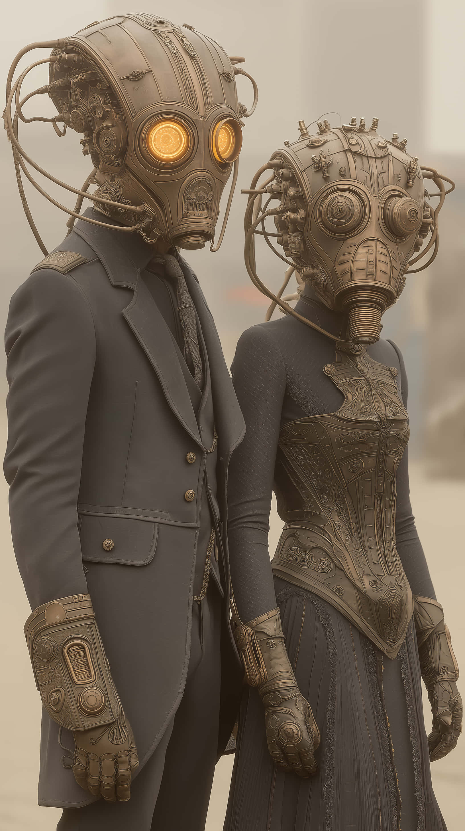steampunk gas masks, glowing orange eyes, hazy industrial setting, 2K Phone Wallpaper