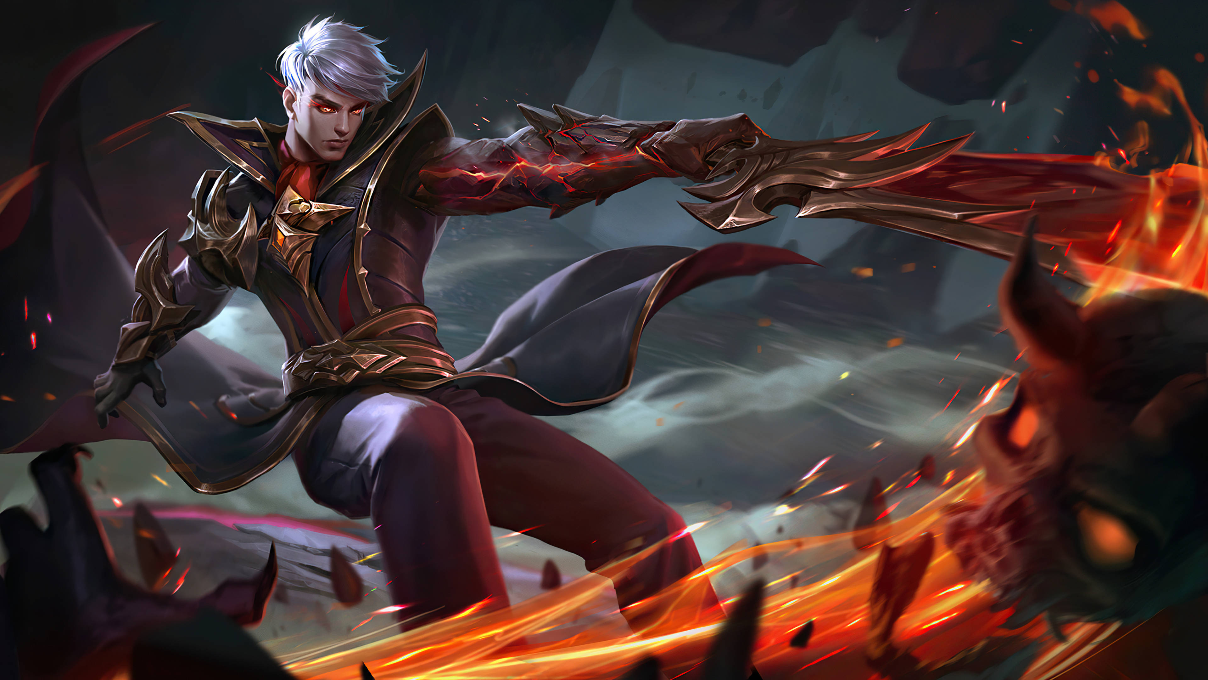 Alucard HD, fiery inferno, silver-haired warrior, 4K Desktop Wallpaper
