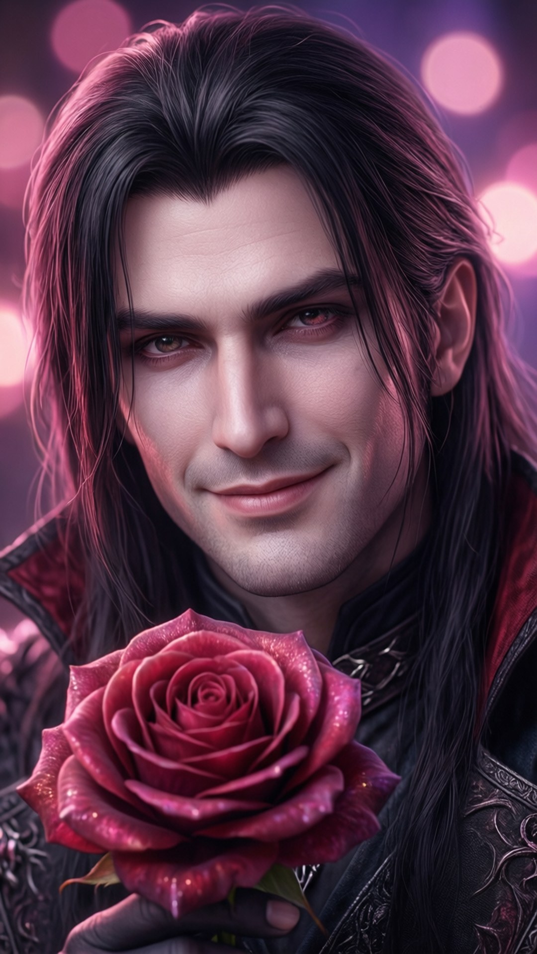 Alucard, long dark hair, deep red rose, Full HD Phone Wallpaper