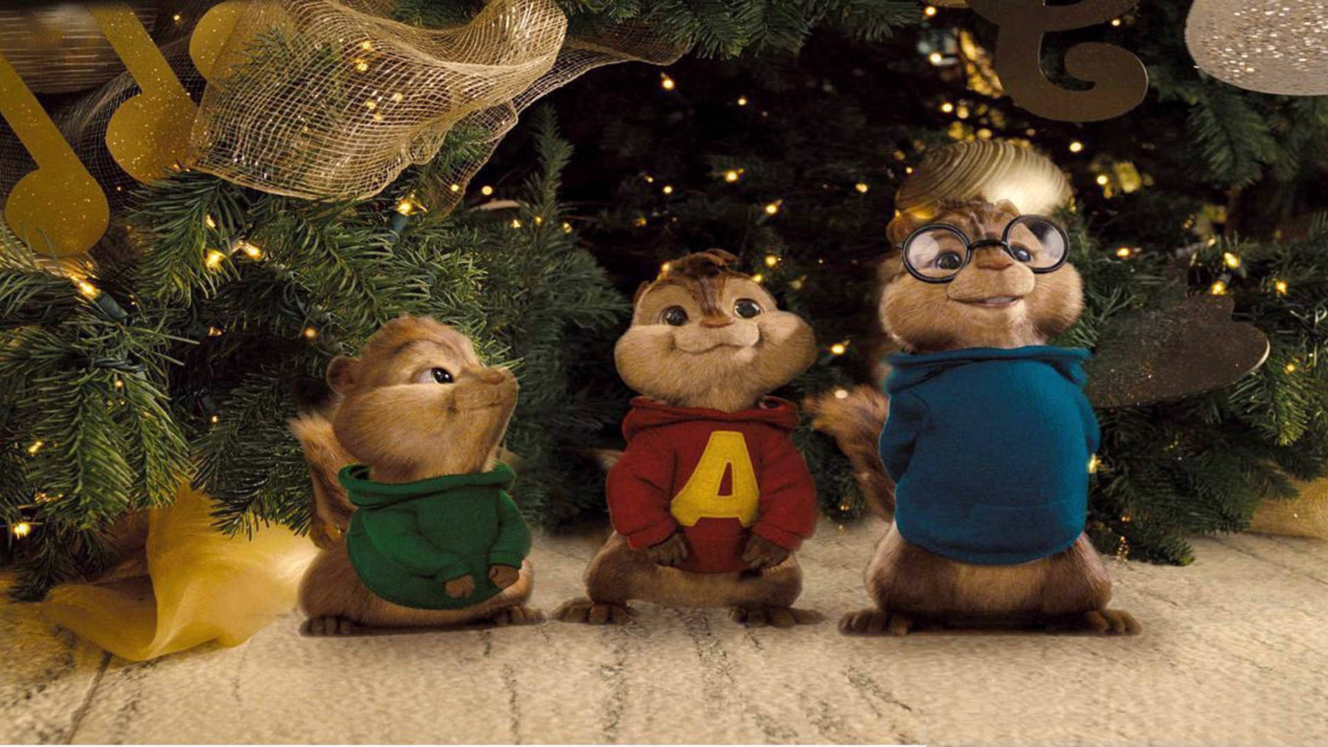 Alvin And The Chipmunks, Christmas tree, twinkling lights, Full HD Desktop Wallpaper