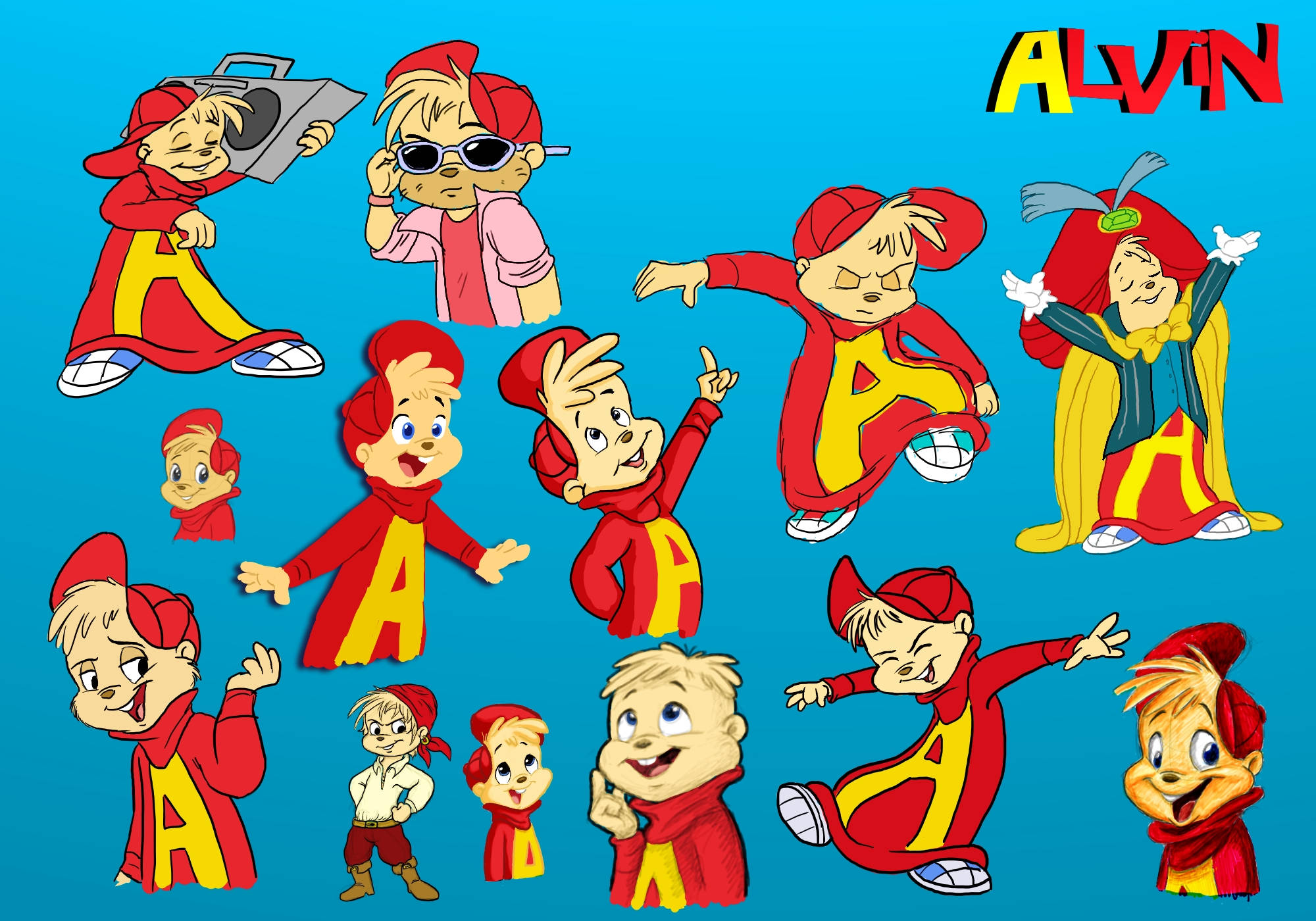 Alvin And The Chipmunks, 60s, solid blue background, Full HD Desktop Wallpaper