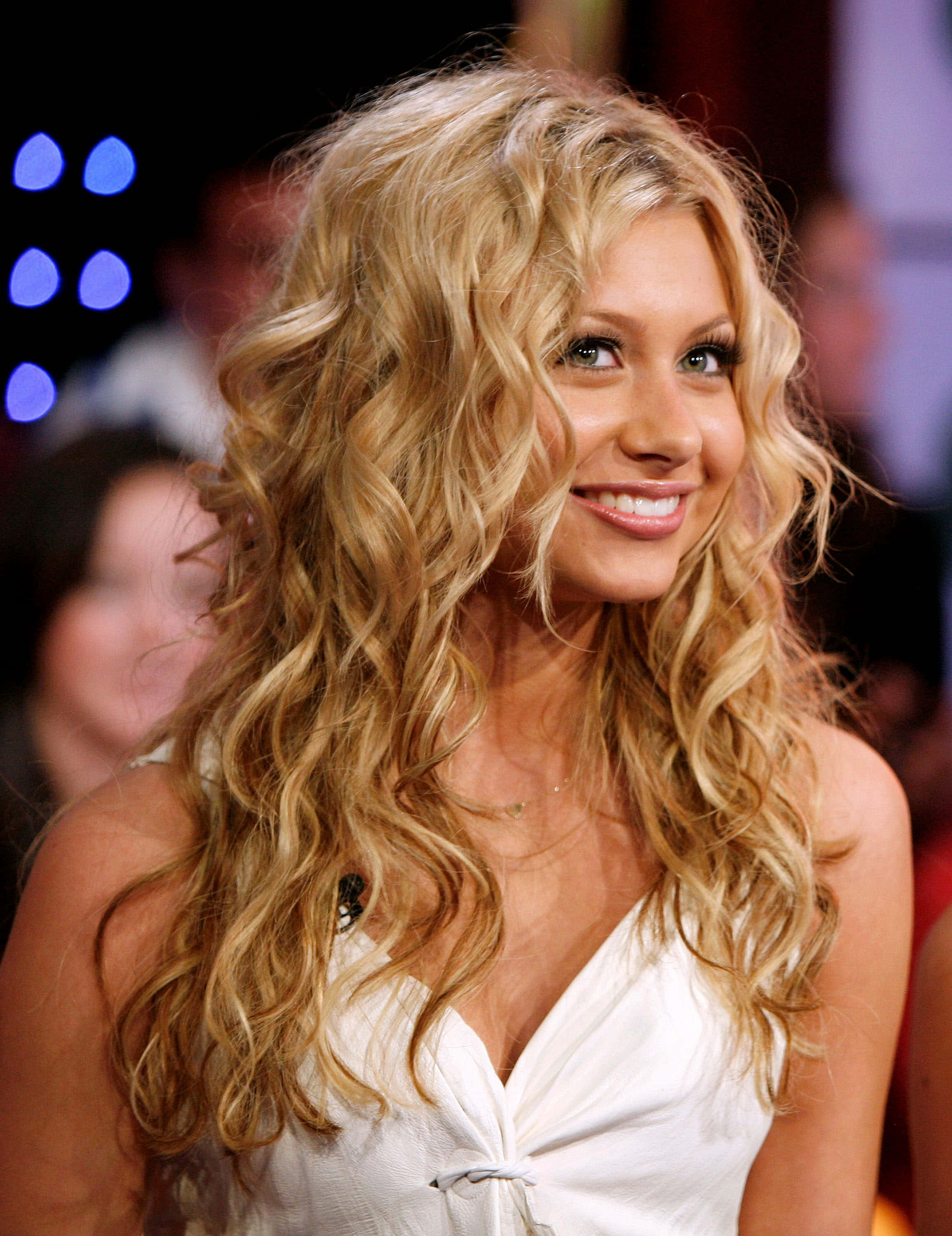 Aly Michalka, white dress, voluminous blonde curls, 2K Phone Wallpaper