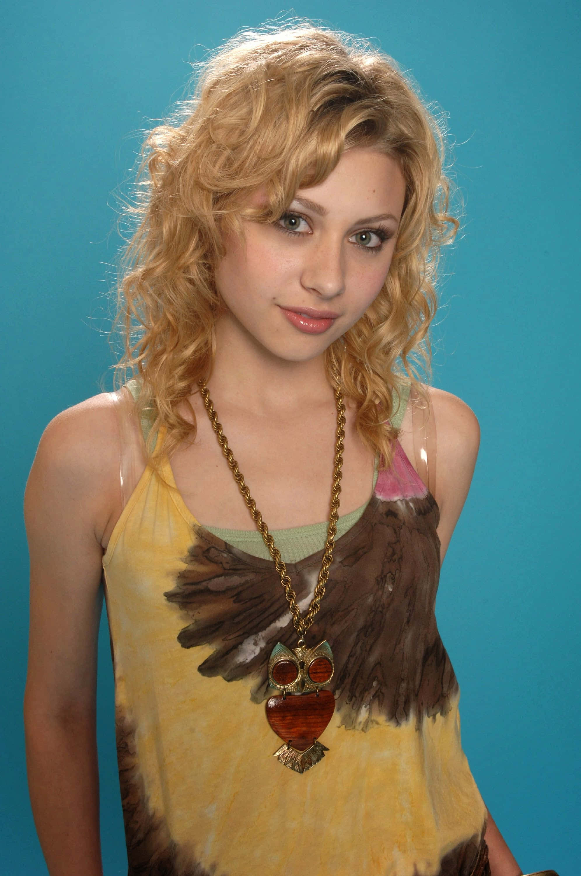 Aly Michalka, yellow tie-dye top, owl pendant necklace, 2K Phone Wallpaper