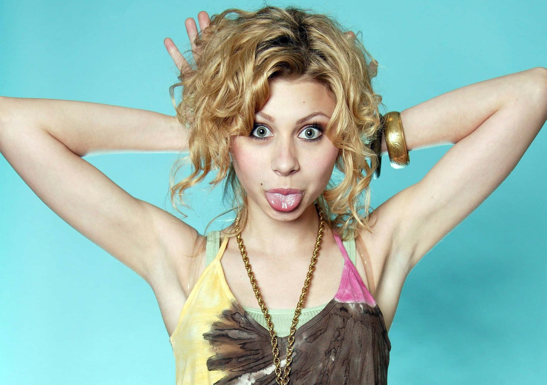 Aly Michalka, curly blonde hair, tongue, HD Desktop Wallpaper